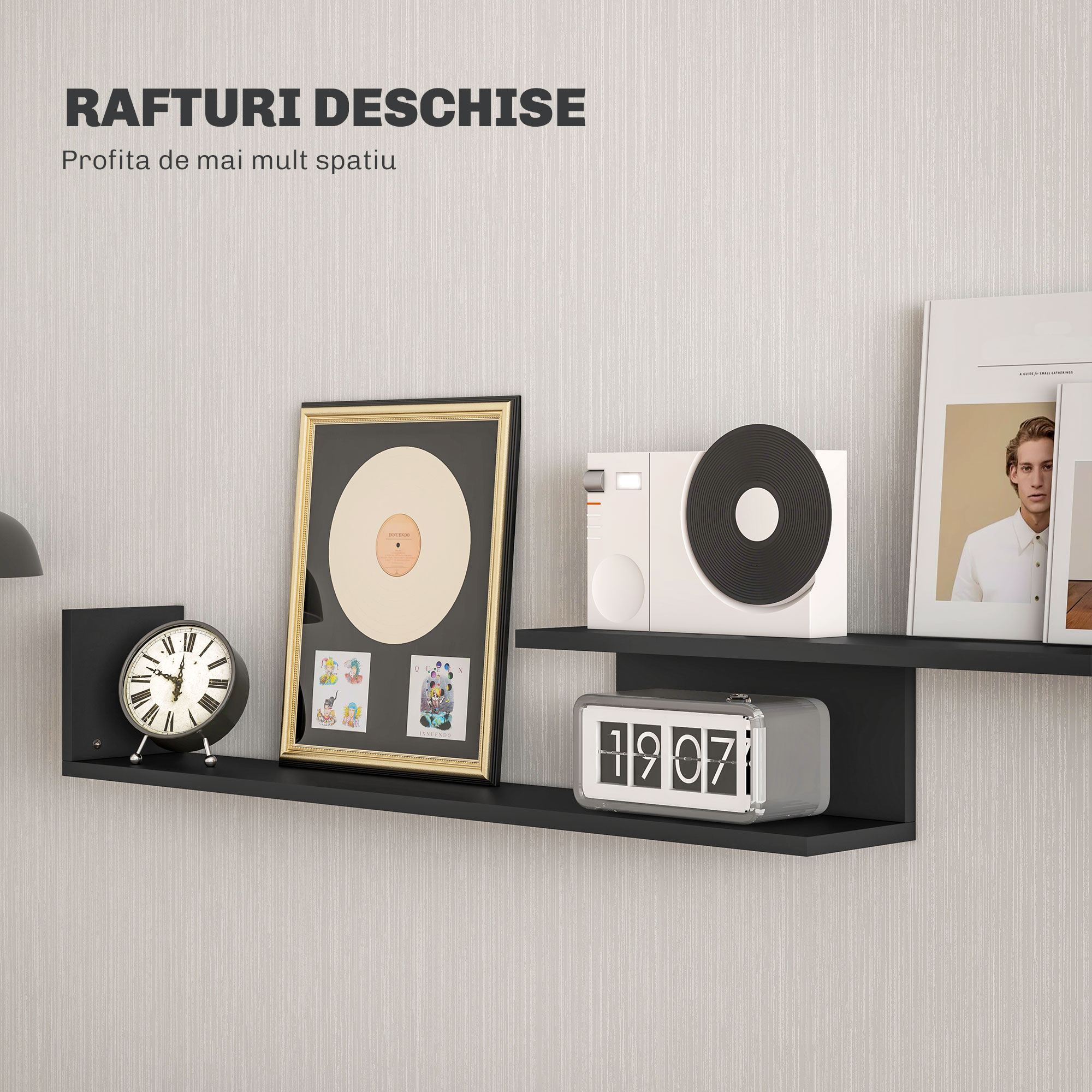  Mobilier TV cu Raft de Perete, Rafturi Deschise si Dulapior din Lemn, 153,6x25x42 cm, Negru [5]