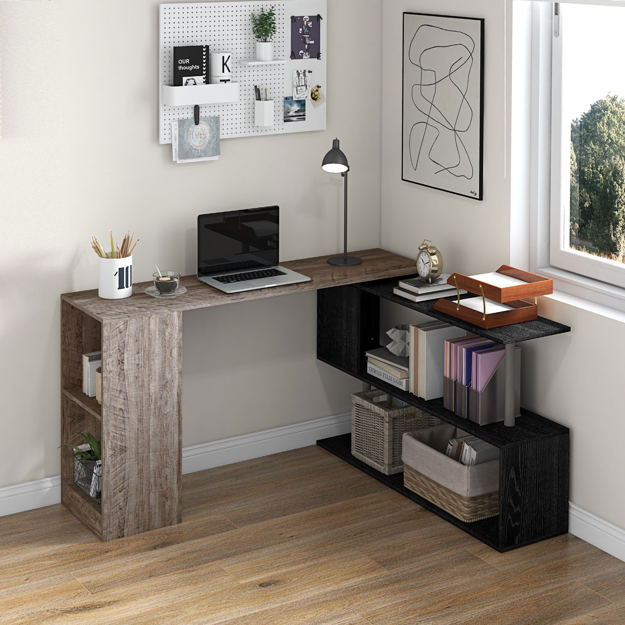  Birou de colt compact cu raft in forma de S, din lemn, 140x120x78 cm, gri cu aspect de lemn [1]