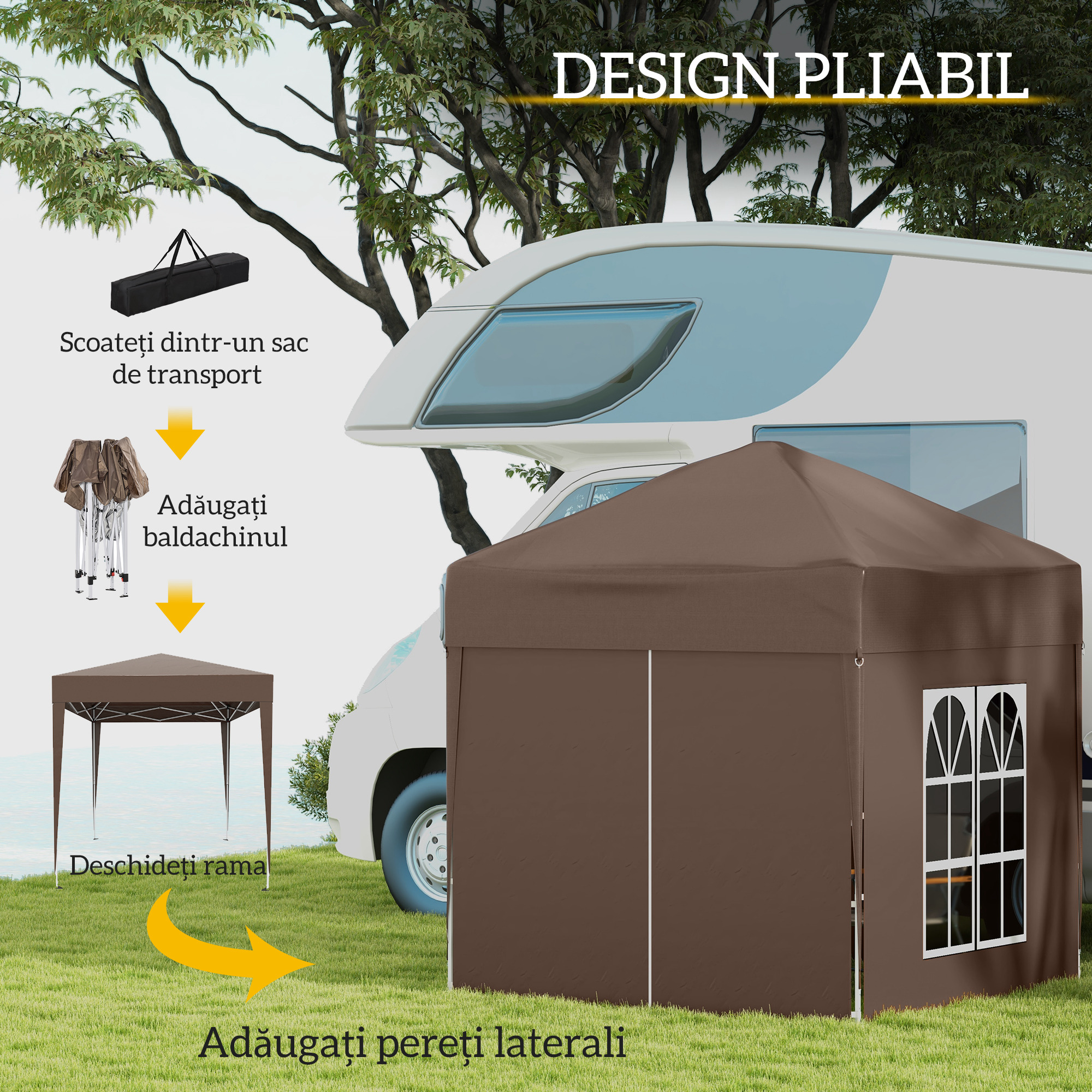  Pavilion Pop-up Impermeabil cu 4 Pereti Detasabili si Geanta de Transport, 2x2x2.4 m, Maro [3]