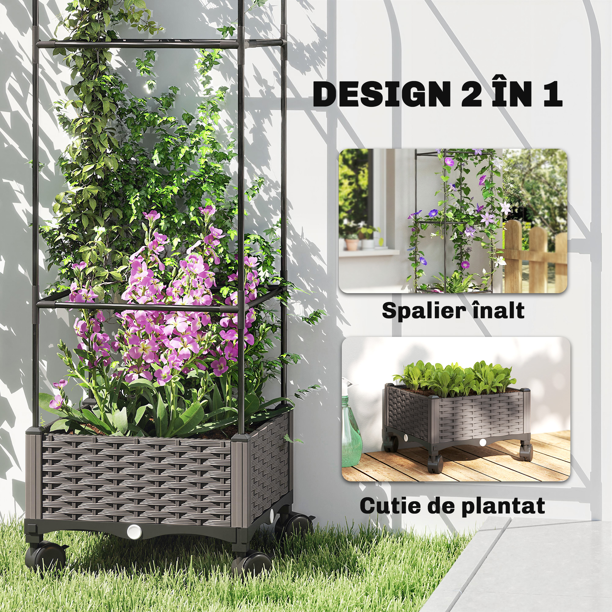  Jardiniera inaltata Autoiriganta din Metal cu Spalier de 185 cm, cu 4 Roti Blocabile pentru Plante Cataratoare, Recipient cu Gauri de Drenaj pentru Legume si Flori, Negru [3]