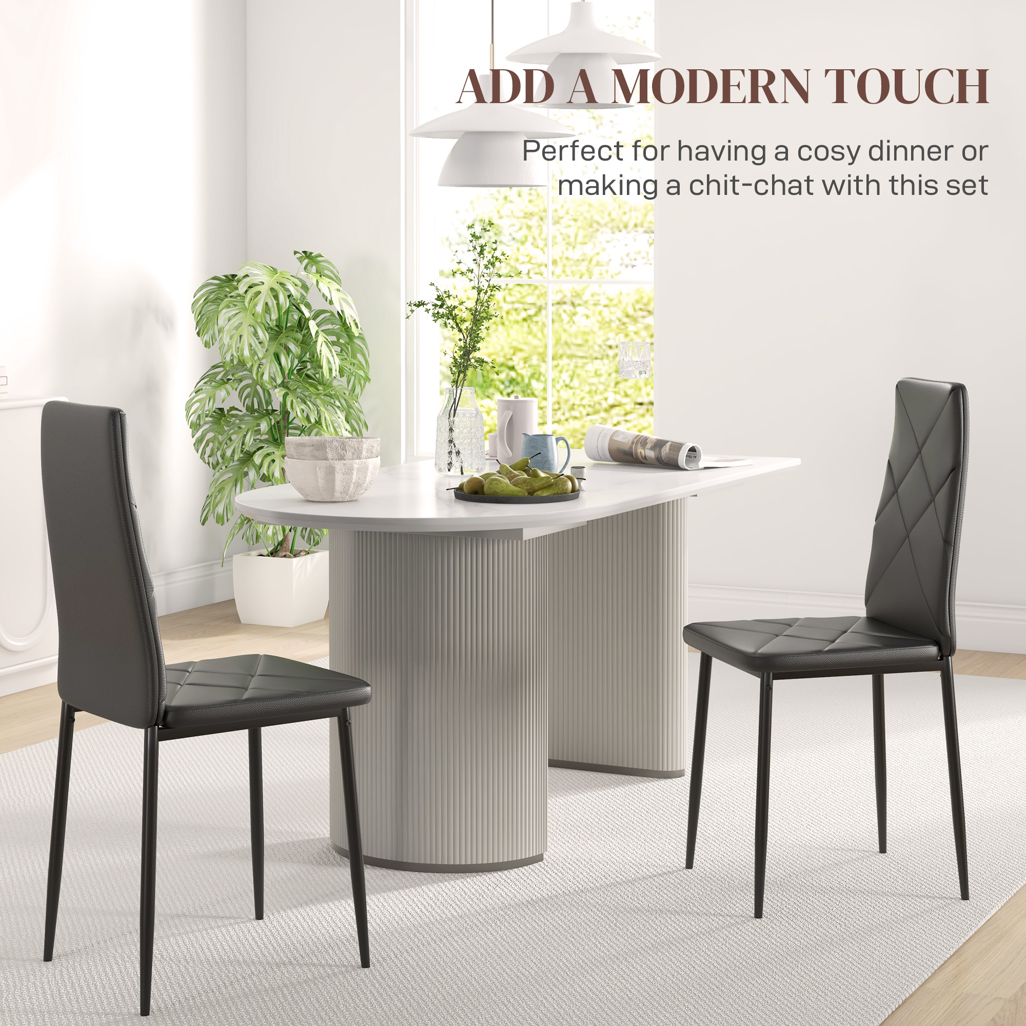  Set 2 Scaune de Sufragerie Tapitate cu Spatar inalt, Talpi Antiderapante si Picioare din Otel, 41x50x97 cm, Negru [3]