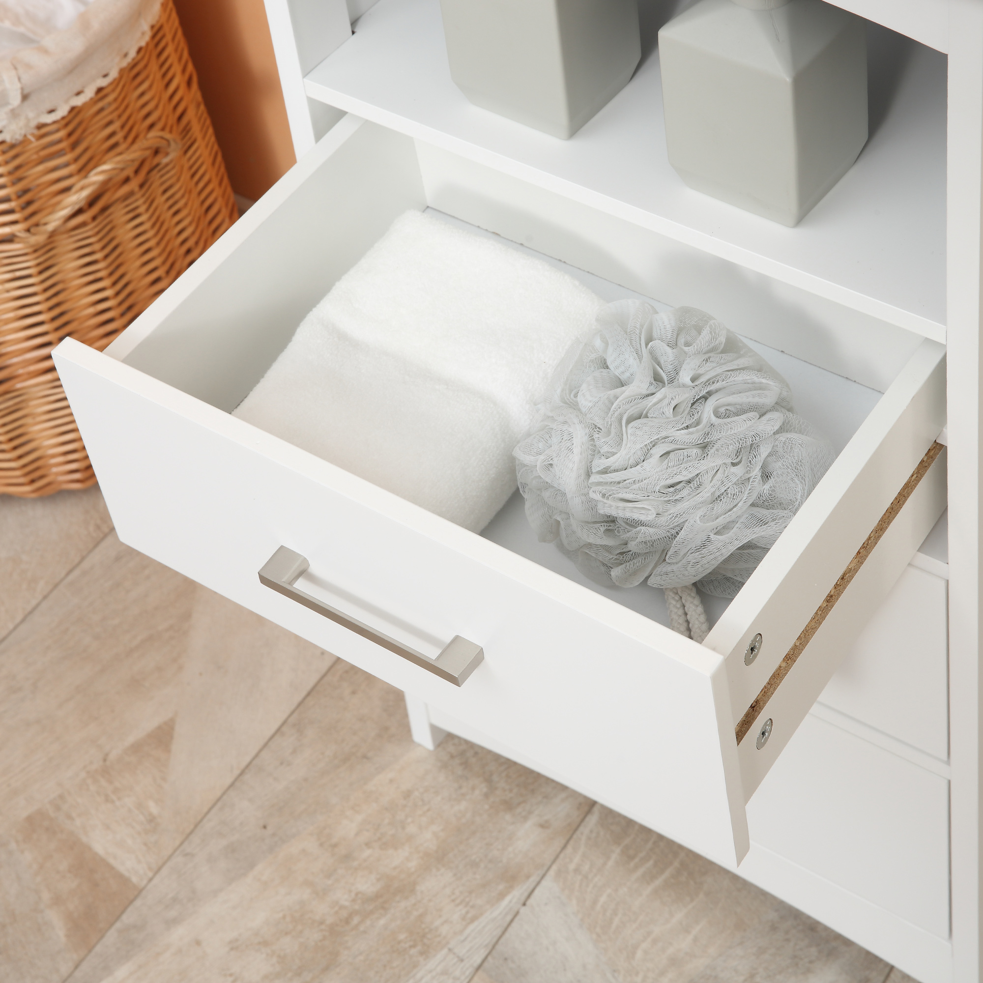  Dulapior Baie Alb - 3 Sertare & Raft Deschis, MDF 40×33×80 cm [8]