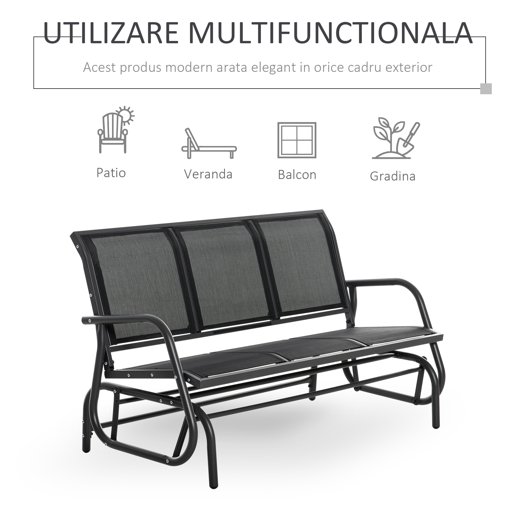  Banca Leagan de Gradina cu 3 locuri, schelet Metalic si Tesatura transpiranta, Negru [4]