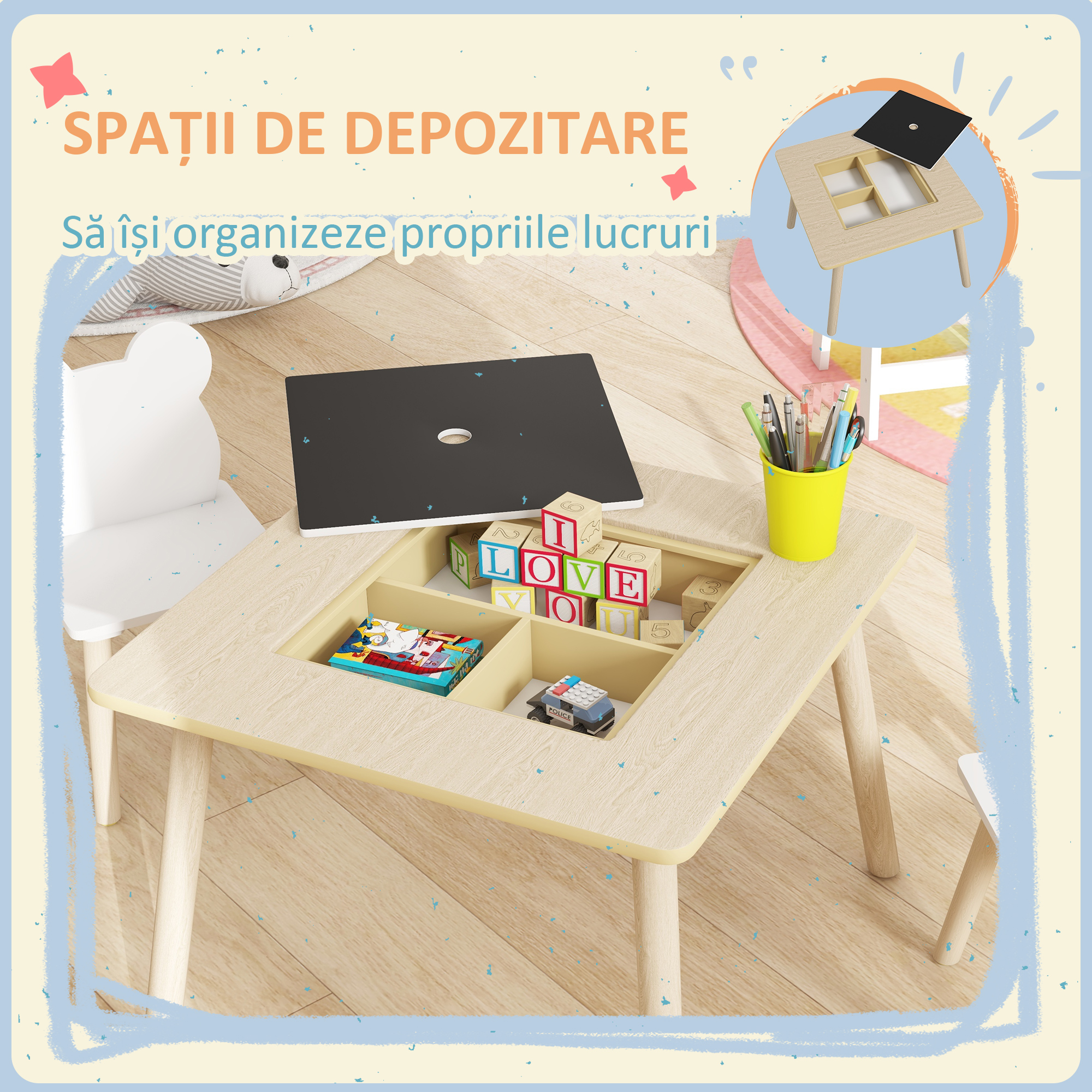  Set Masa si 2 Scaune pentru Copii 3-6 ani, cu Tabla de Scris si Loc de Depozitare, 60x60x44 cm, Lemn Natural [5]
