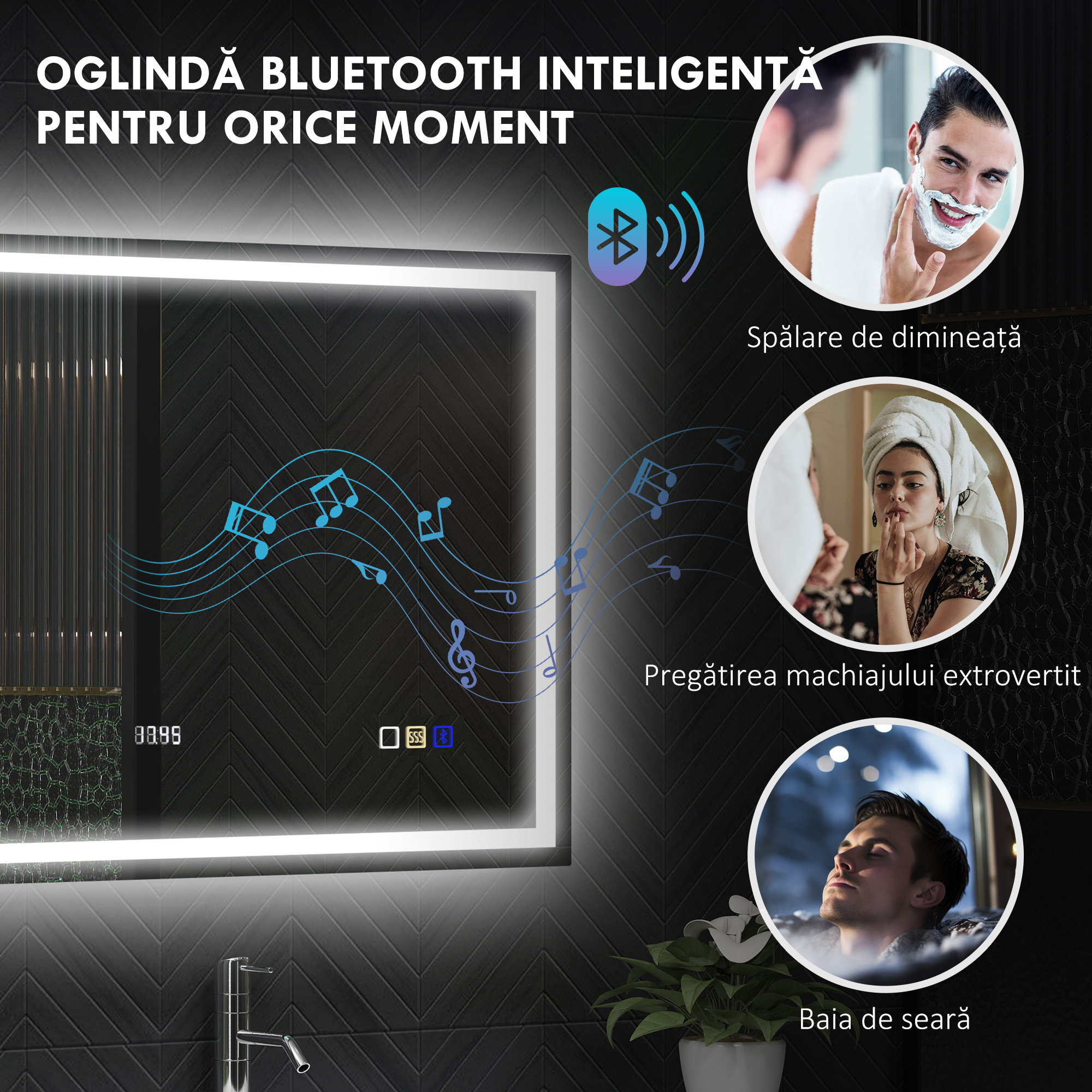  Oglinda Baie cu LED, Antiaburire si Boxa Bluetooth, 80x100 cm, Touch si Functie Memorie [4]