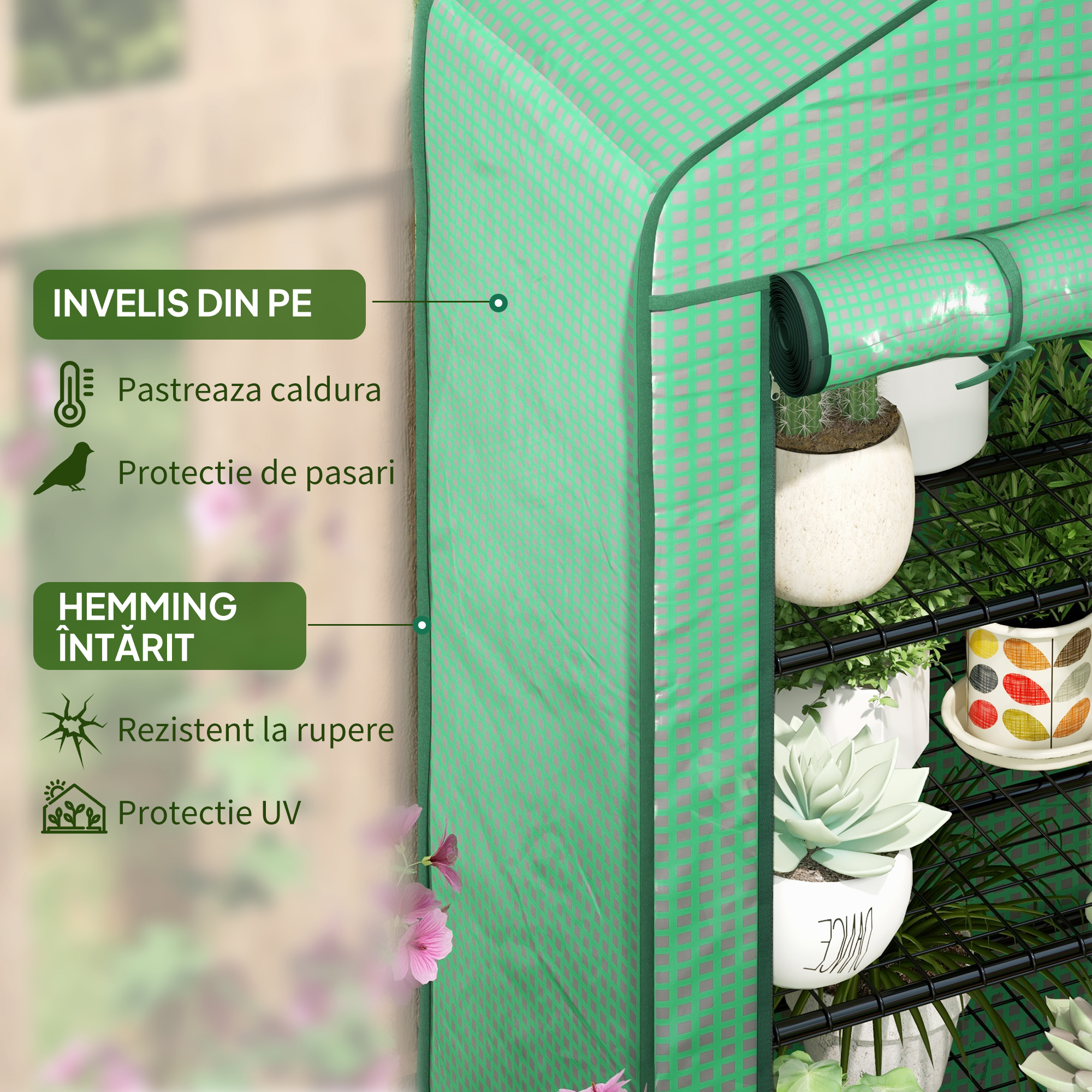  Sera pentru Plante cu 4 Rafturi si Usa Rulabila, din Metal si PE, 69x49x158 cm, Verde inchis [3]