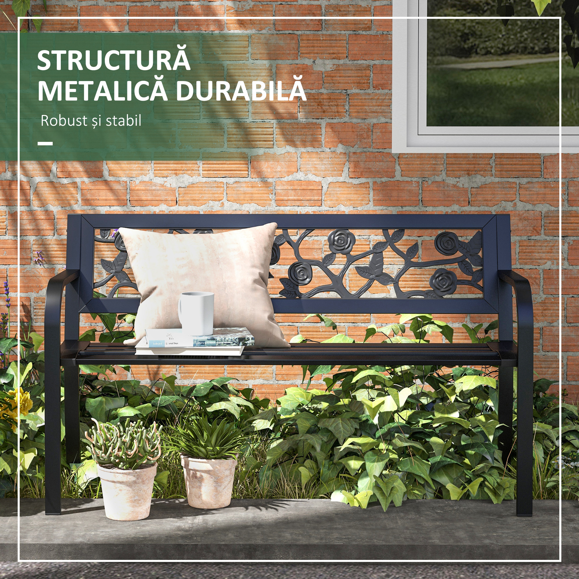  Banca de Terasa cu Cadru Metalic, Negru [5]