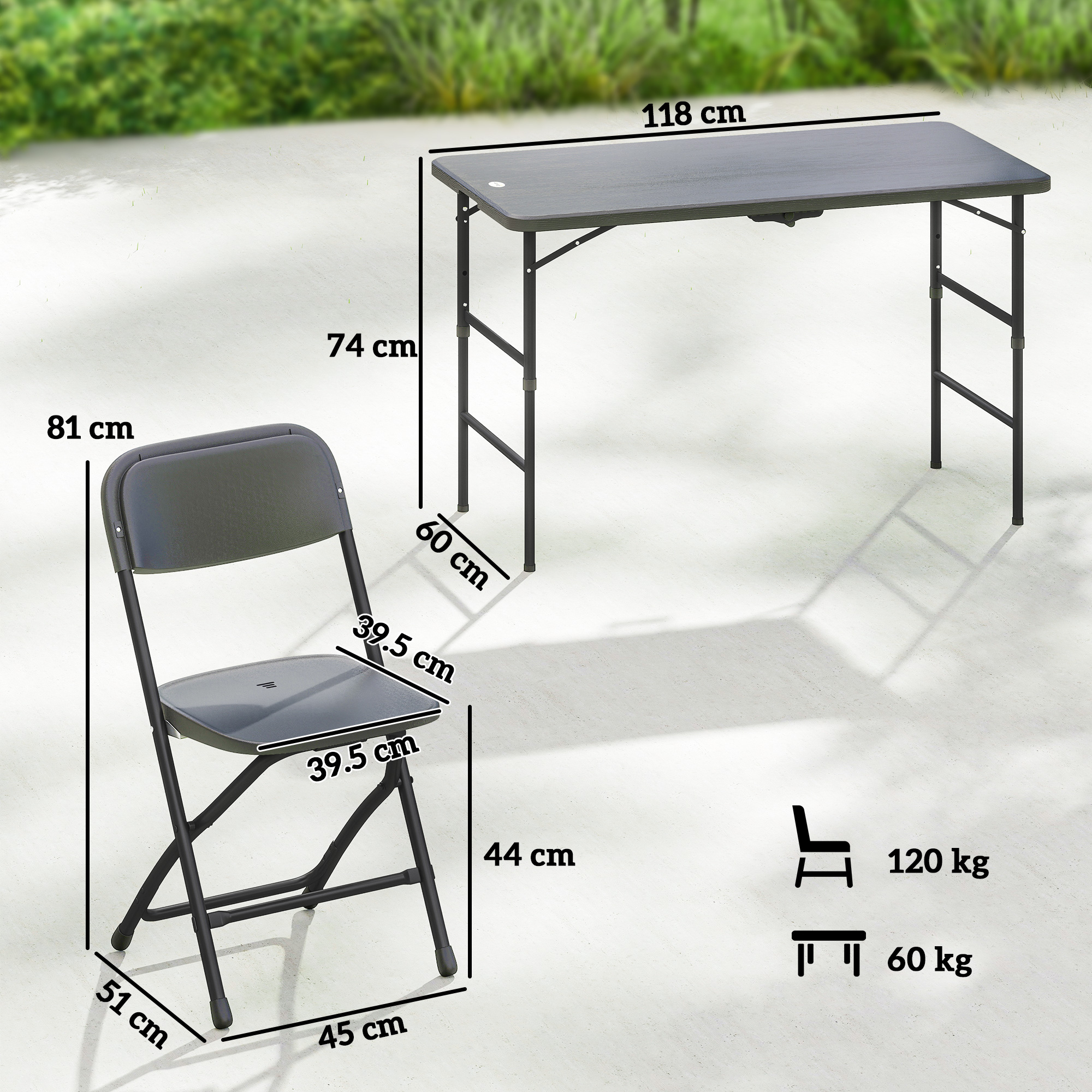  Set Masa si Scaune Pliabile de Gradina, 5 Piese, Masa Reglabila cu Blat HDPE Efect Lemn si 4 Scaune, Set Mobilier Exterior pentru Terasa si Balcon, Gri inchis [2]