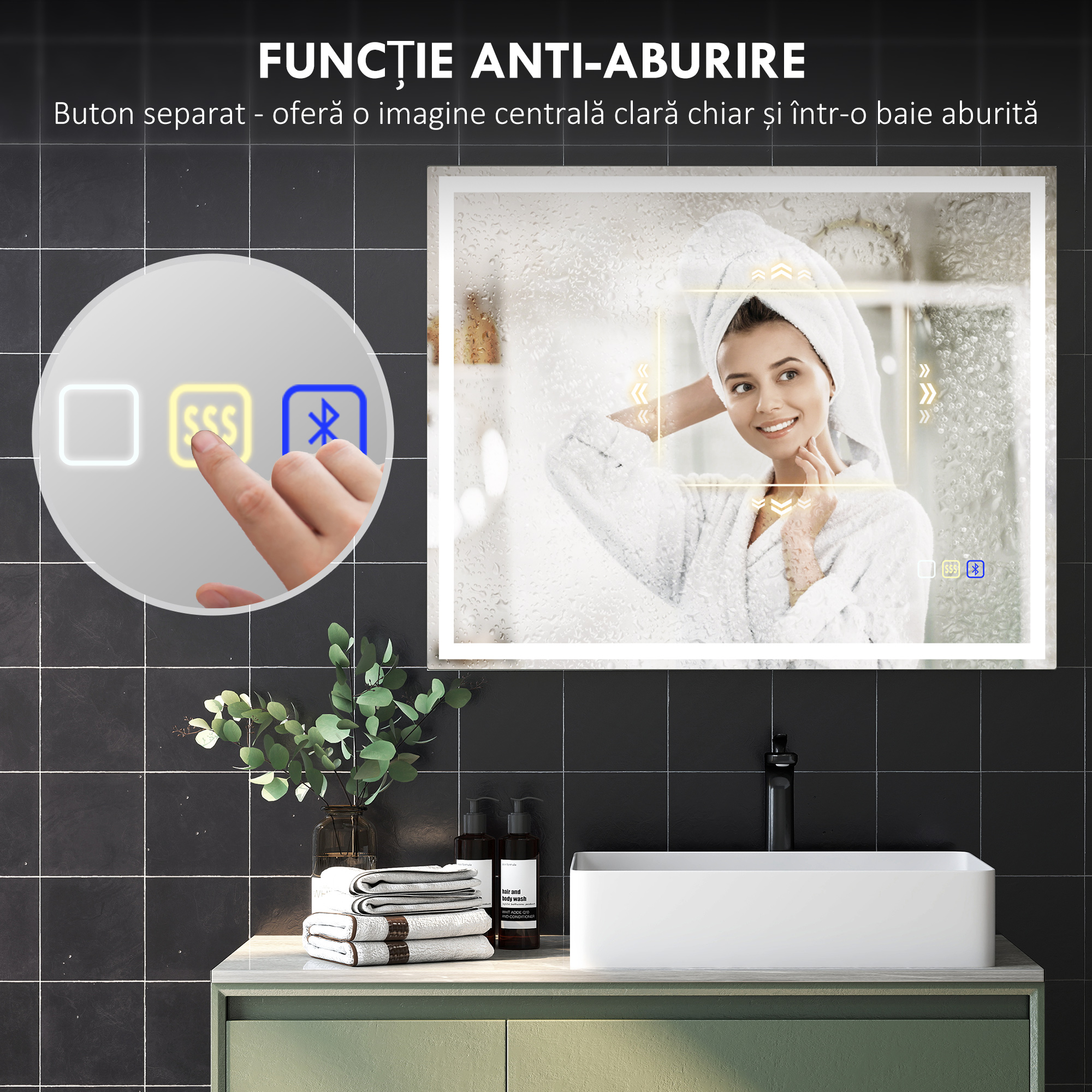 Oglinda Baie cu LED, Antiaburire si Boxa Bluetooth, 80x100 cm, Touch si Functie Memorie [6]