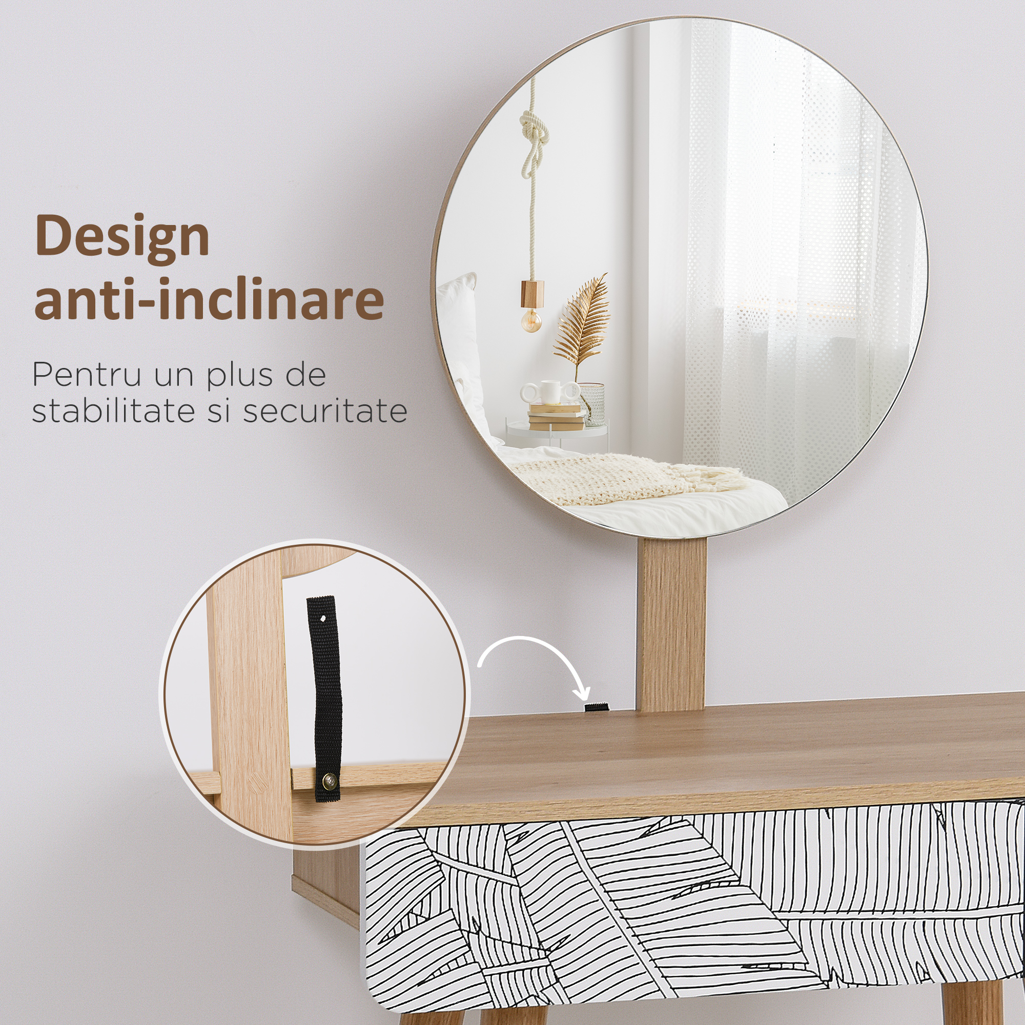  Masa de Machiaj - Alb & Stejar, Oglinda Rotunda & Sertar [5]