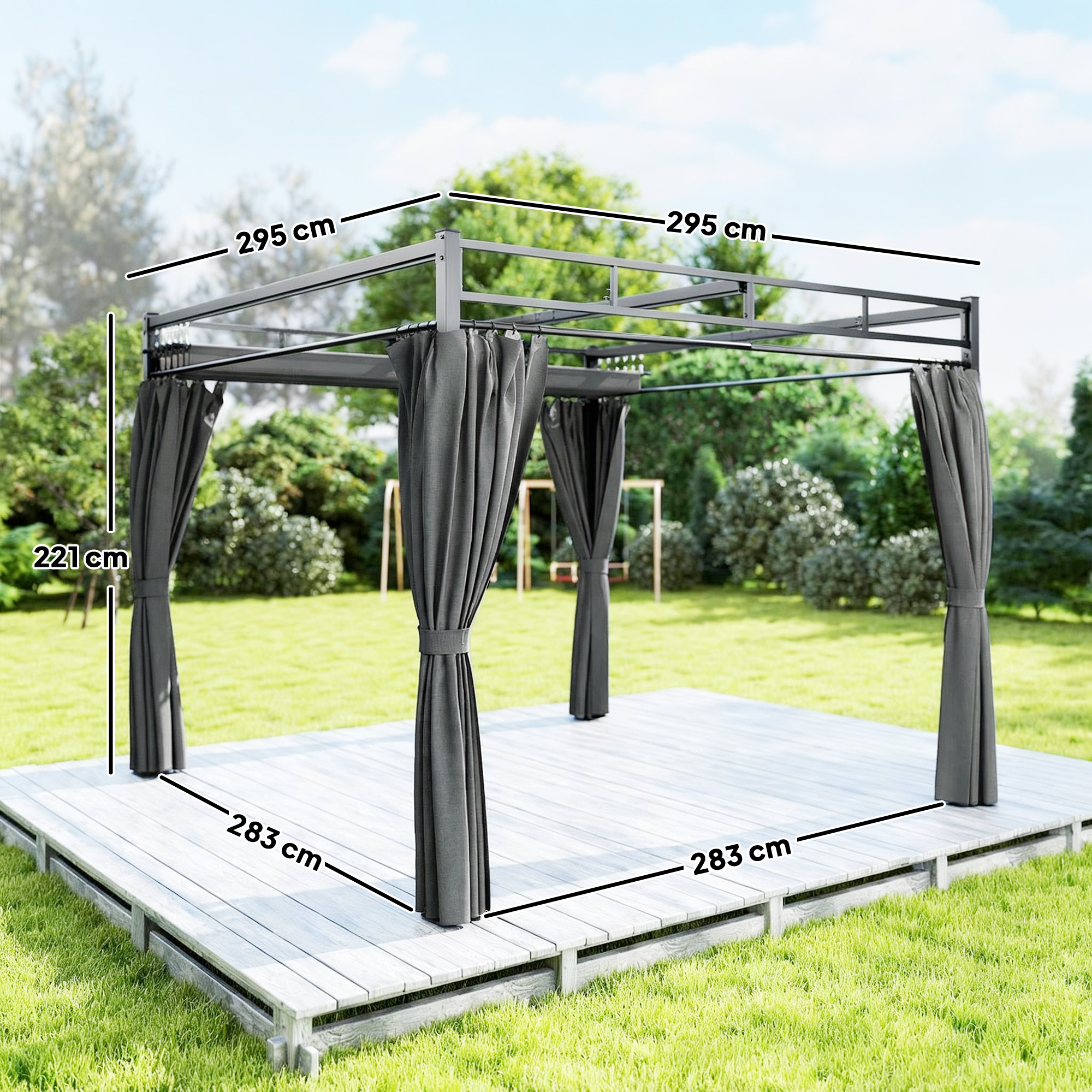  Pergola Gazebo 3x3 m cu Acoperis Retractabil, 4 Pereti Laterali, Orificii de Drenare, Pergola din Poliester si Otel pentru Gradina, Terasa, Exterior, UV30+, Gri inchis [2]