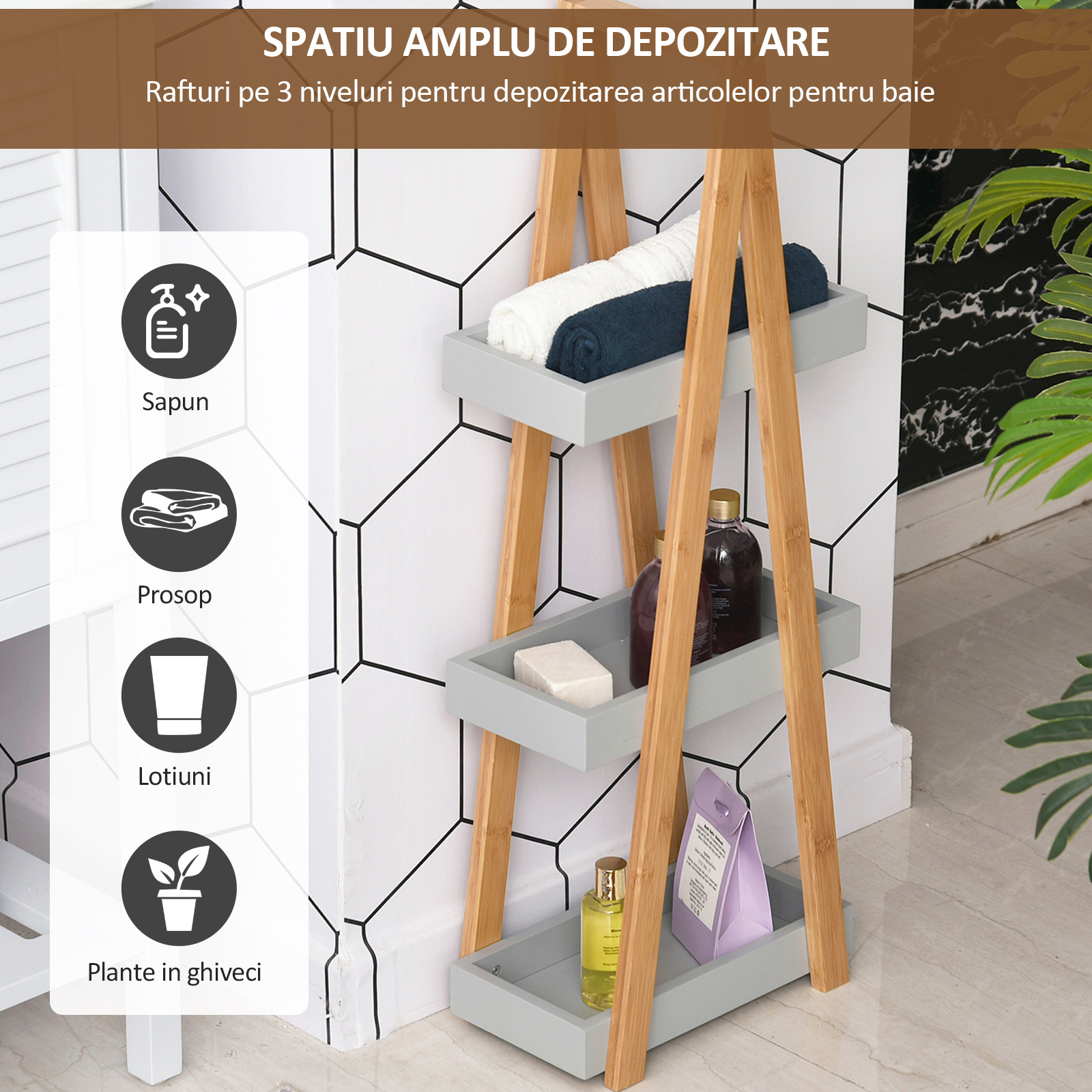  Raft pentru baie din MDF si bambus, 30x18x81cm, gri [4]