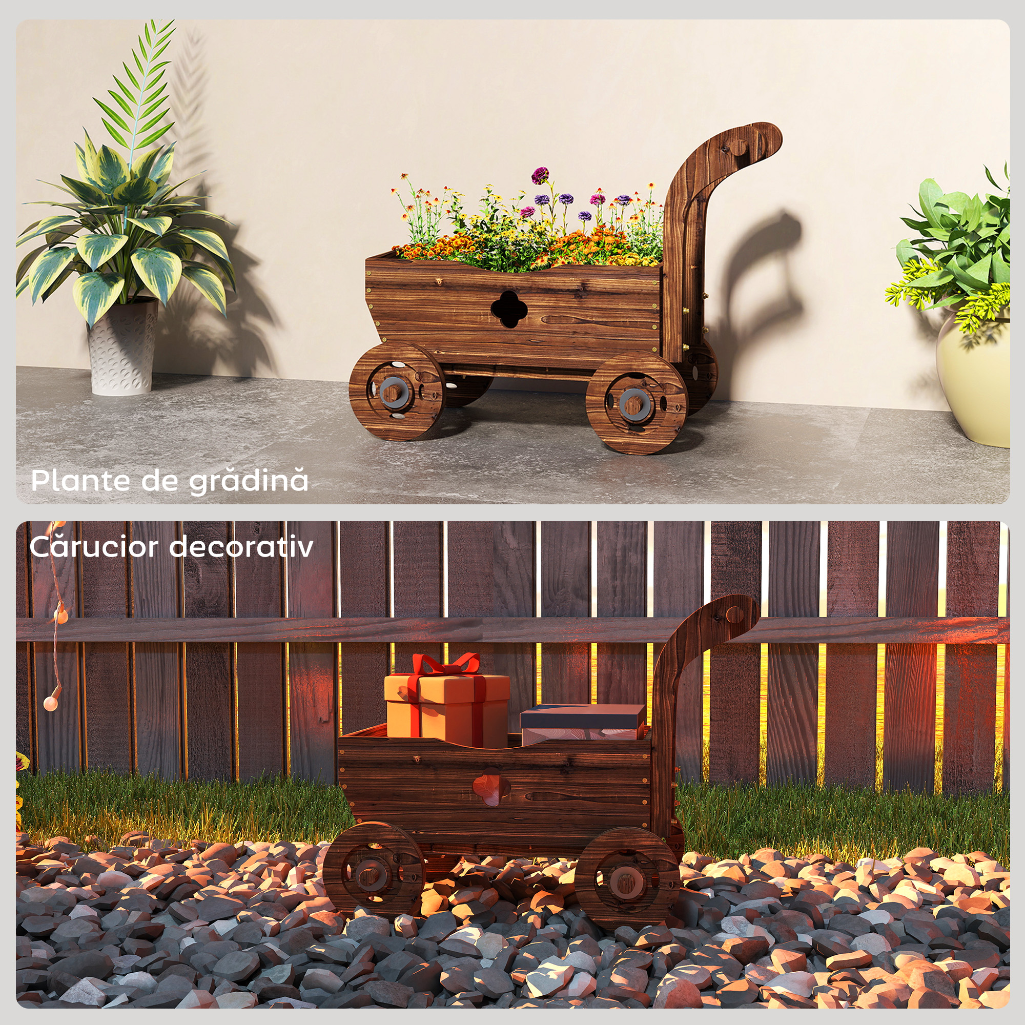  Strat inaltat pentru Gradina in Forma de Carucior cu 4 Roti si Maner, Ghiveci din Lemn de Molid cu Gauri de Drenaj, pentru Balcon, Terasa, 68x38x52 cm, Finisaj Carbonizat [7]