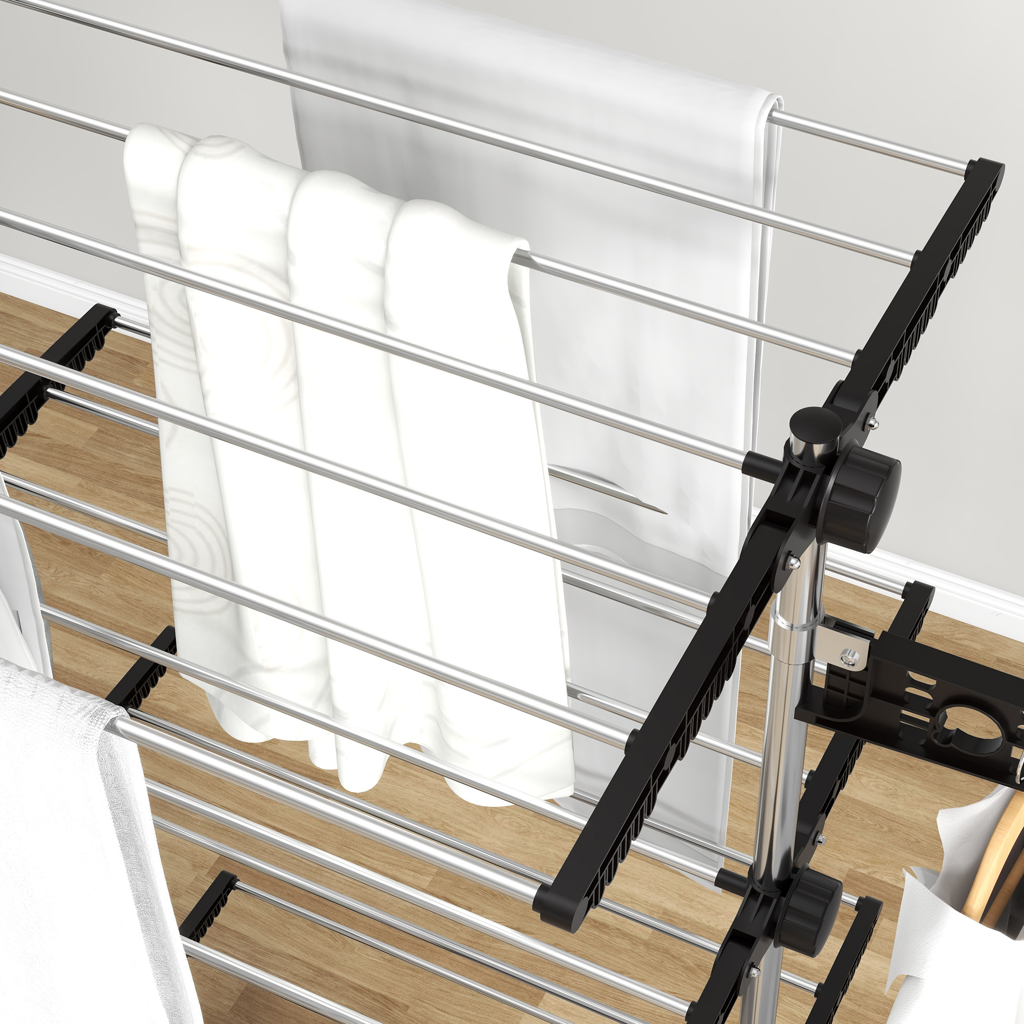  Uscator de Rufe Pliabil, Uscator Tip Turn cu 6 Roti, Carlige si 4 Rafturi Reglabile, 142x55x172 cm, Argintiu [7]