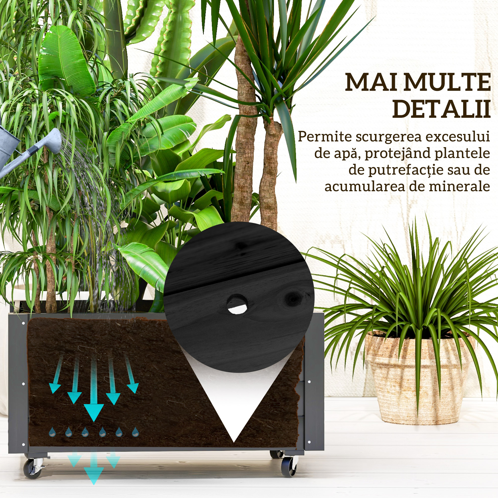  Fierastrau de gradina cu orificiu de drenaj si roti, din lemn de brad, 89x48x47 cm, negru [5]