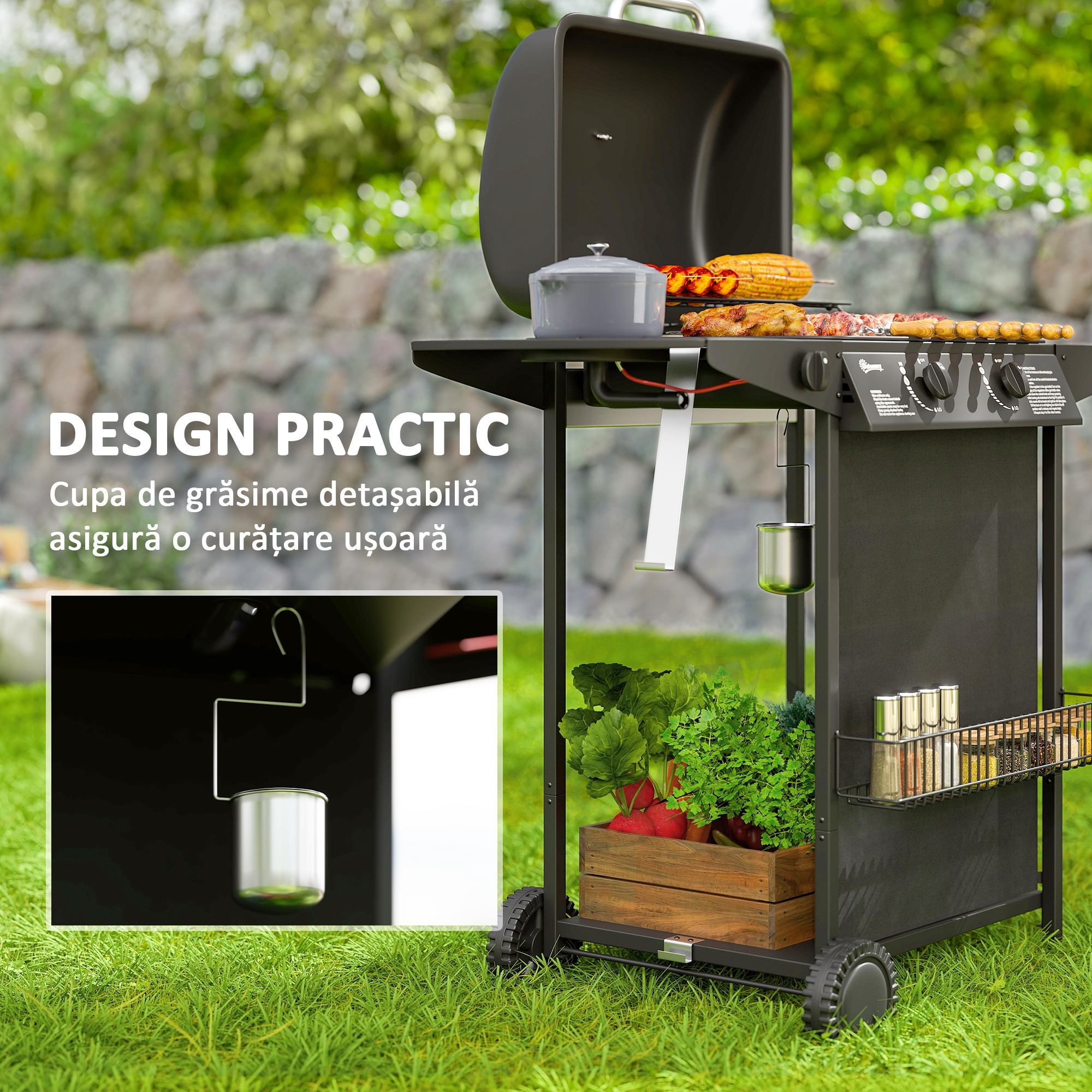  Gratar pe Gaz cu Capac, Termometru, Masuta Laterala si Tava pentru Colectarea Grasimii, 107x54x96 cm, Negru [6]