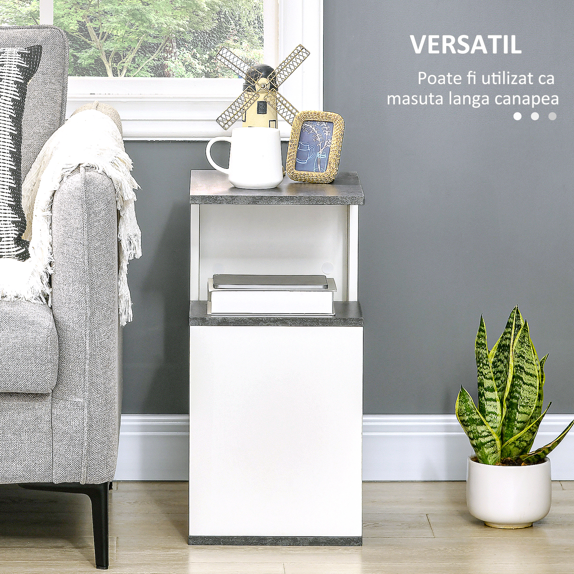  Noptiera cu raft deschis din PAL, noptiera moderna cu design neregulat, 35x29,5x60cm, gri si alb [3]