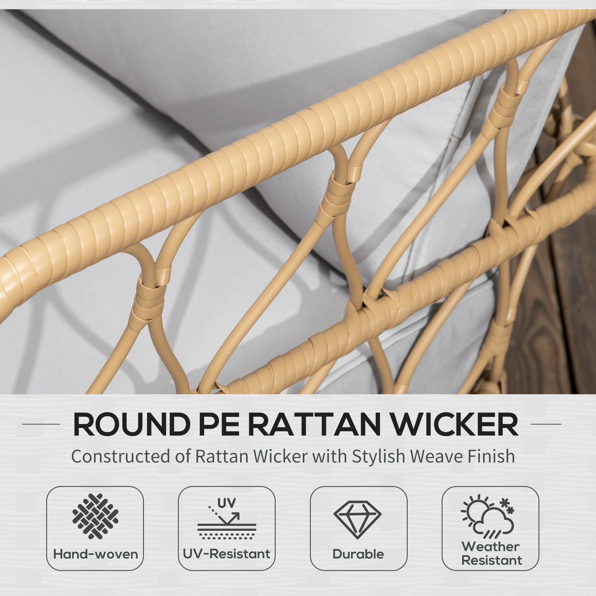  Set canapea din ratan PE din 4 piese, Seturi de mobilier de conversatie pentru gradina impletite, cu impletitura rotunda, cu perne groase capitonate si masuta cu sticla pentru balcon [4]