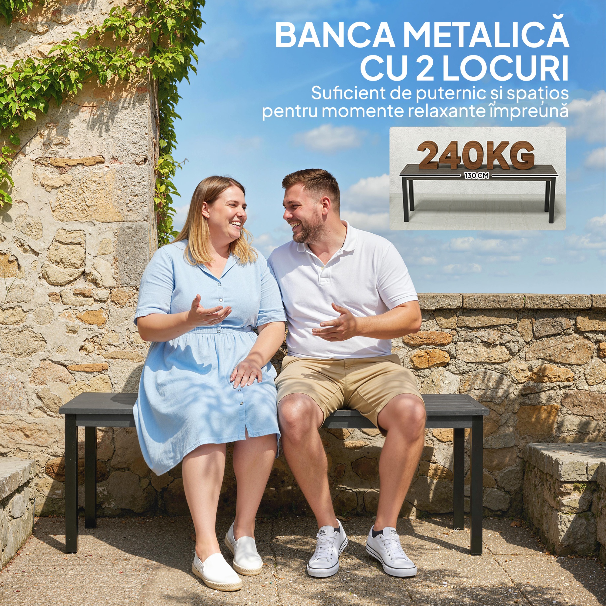  Banca de gradina cu 2 locuri, 130x34x43 cm, gri [4]