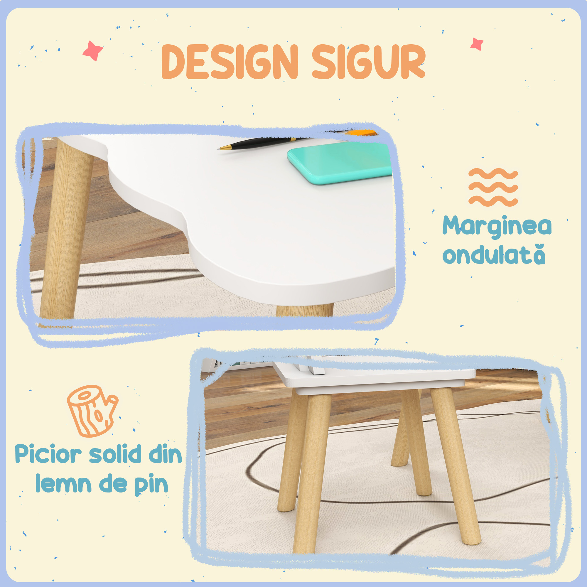  Set Masa si 2 Scaune pentru Copii 3-6 Ani, Masa Ondulata si Scaune in Forma de Coroana, 60x60x44 cm, Alb [4]