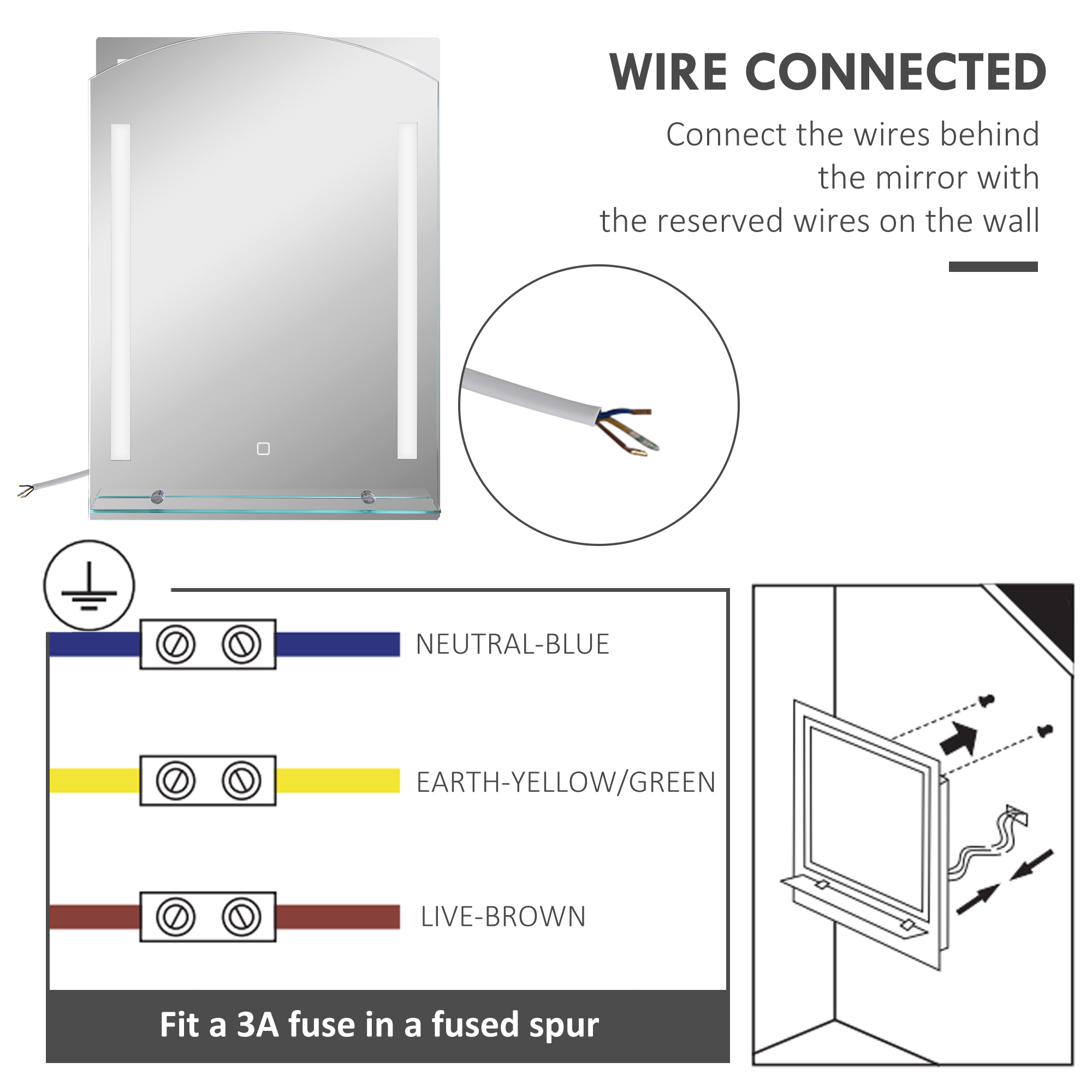  Oglinda de baie cu lumina LED reglabila in 3 culori si raft din sticla, 50x12x70 cm, argintiu [5]