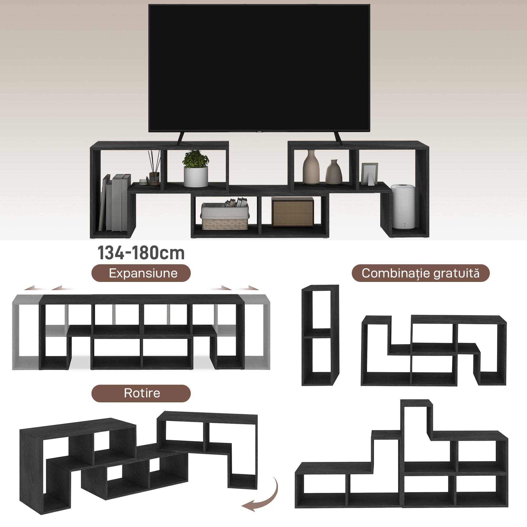 Mobilier TV modulabil pentru televizoare de pana la 75" cu 2 rafturi in forma de L si polita dreptunghiulara, din lemn, 134-180x30,5x44 cm, negru [3]