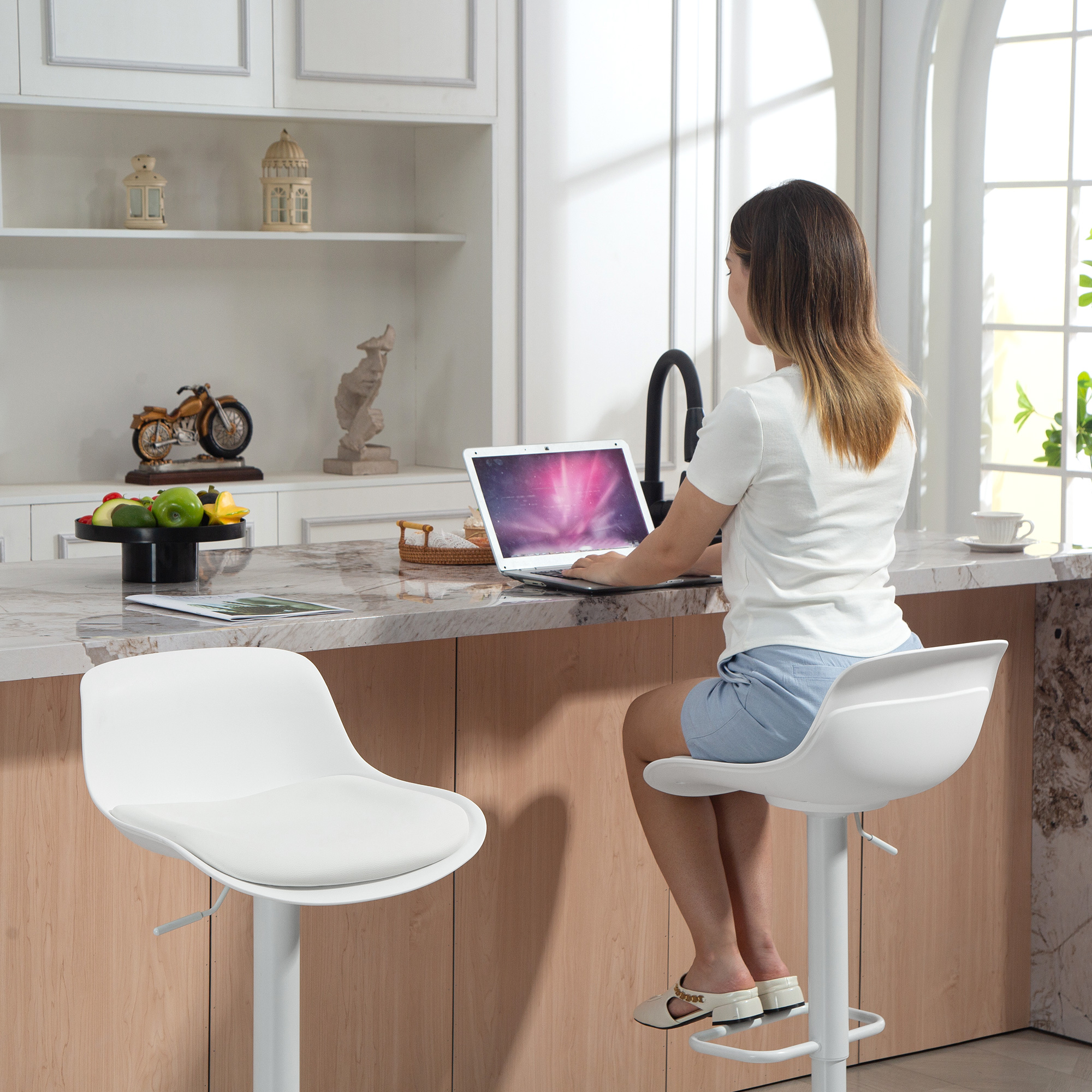  Set de 2 Scaune de Bar Rotative cu Spatar si inaltime Reglabila Alb [8]