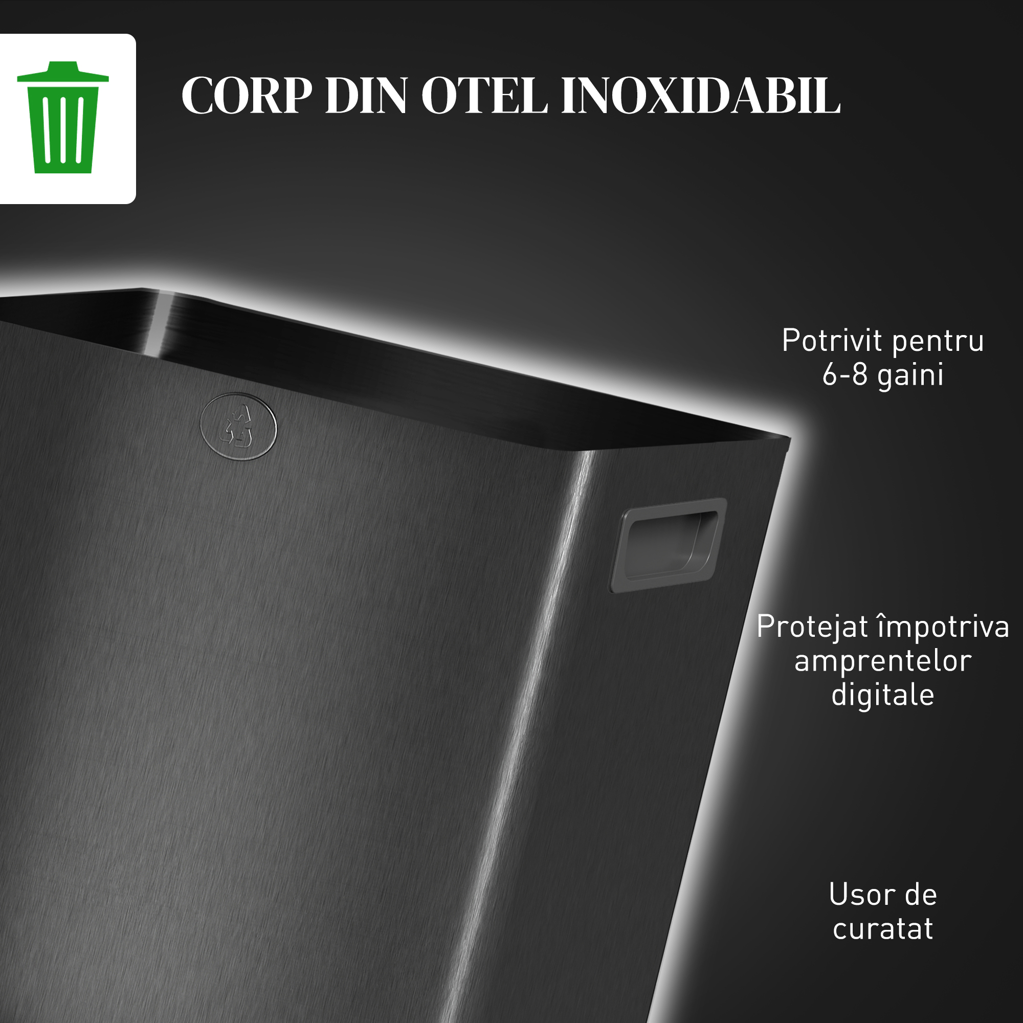  Cos de Gunoi cu 2 Sectiuni de 15L, cu inchidere Silentioasa, din Otel Inoxidabil si PP, 41.7x36.6x43.2 cm, Negru [7]