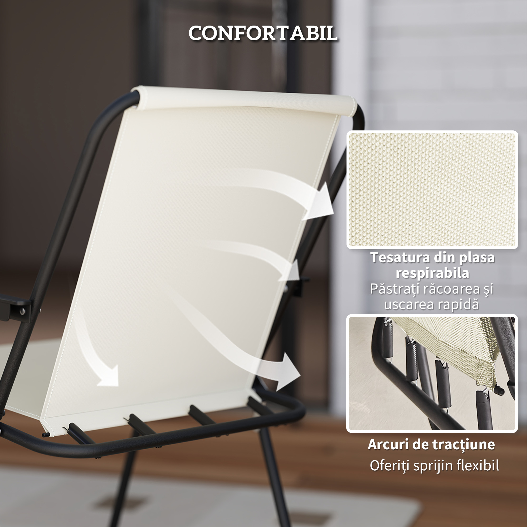  Set de Mobilier de Gradina din 6 Piese cu Umbrela de Soare,  Masa si Scaune Pliante, Ф80x70 cm, Alb Crem [5]