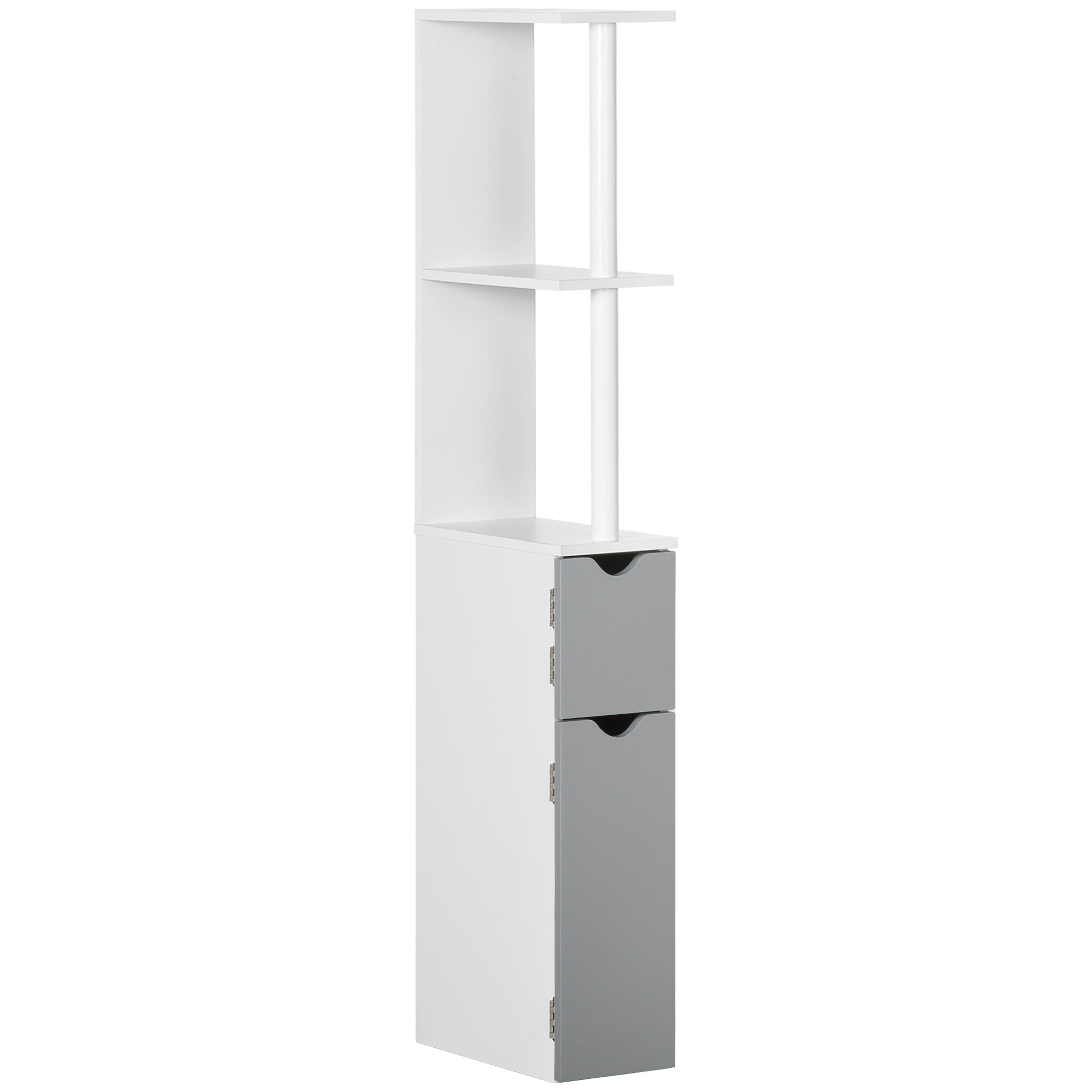 Mobilier pentru baie -  Coloana de Baie cu 2 Rafturi si 2 Dulapuri, din Lemn, 15,2x29,8x118 cm, Alb si Gri