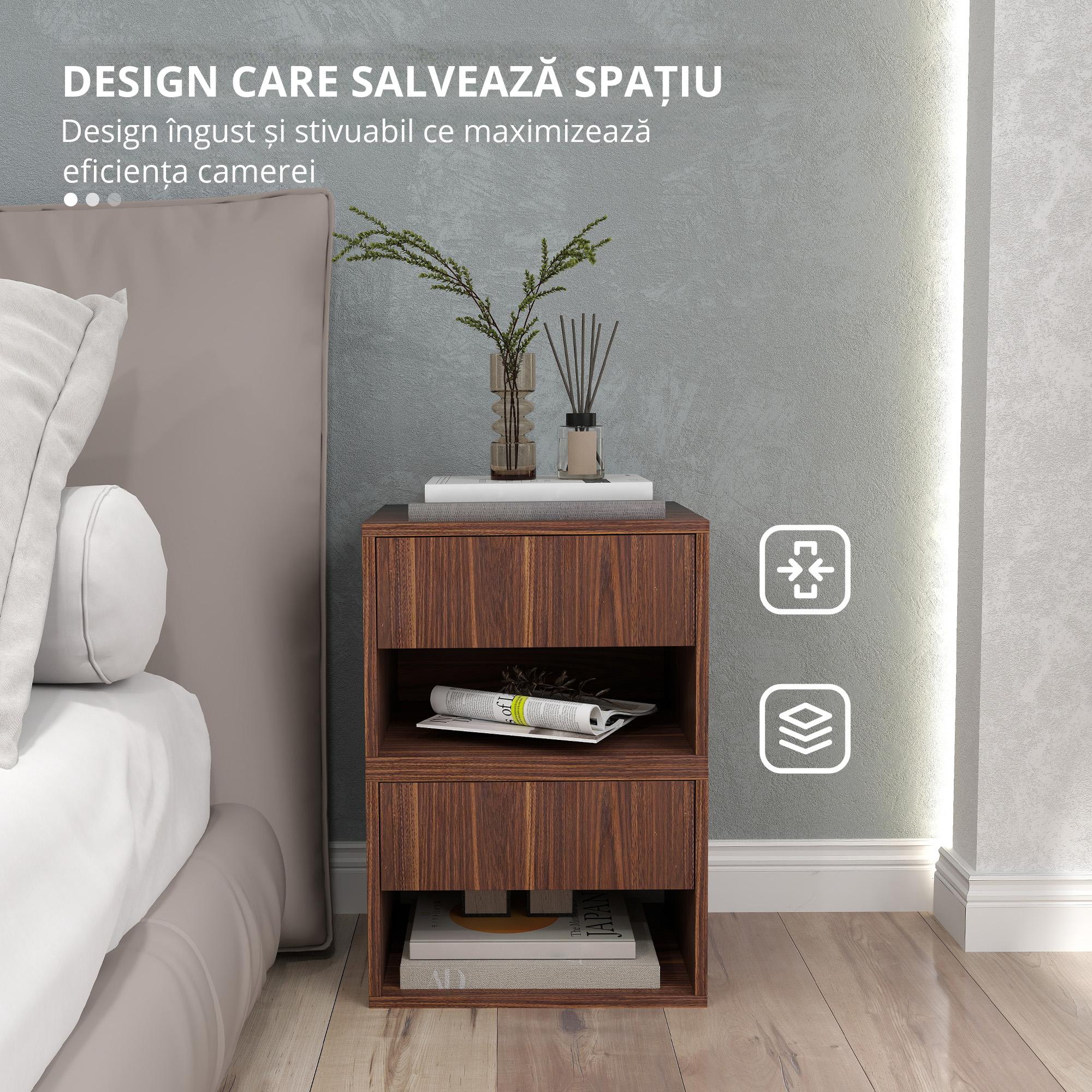  Set 2 Noptiere Suspendate cu Sertar si Raft Inferior Deschis, Noptiere pentru Dormitor din MDF, 40x34x29 cm, Maro [6]