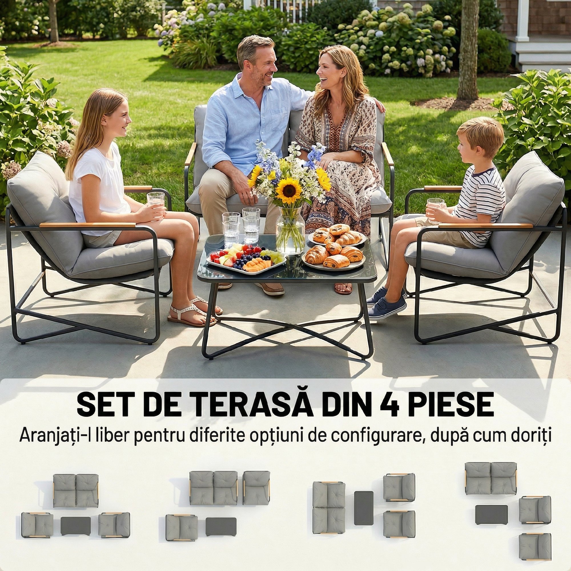 Set de Gradina  cu Canapea, 2 Fotolii si Masuta cu Blat din Sticla, Mobilier de Exterior cu Perne Groase, Gri Deschis [3]