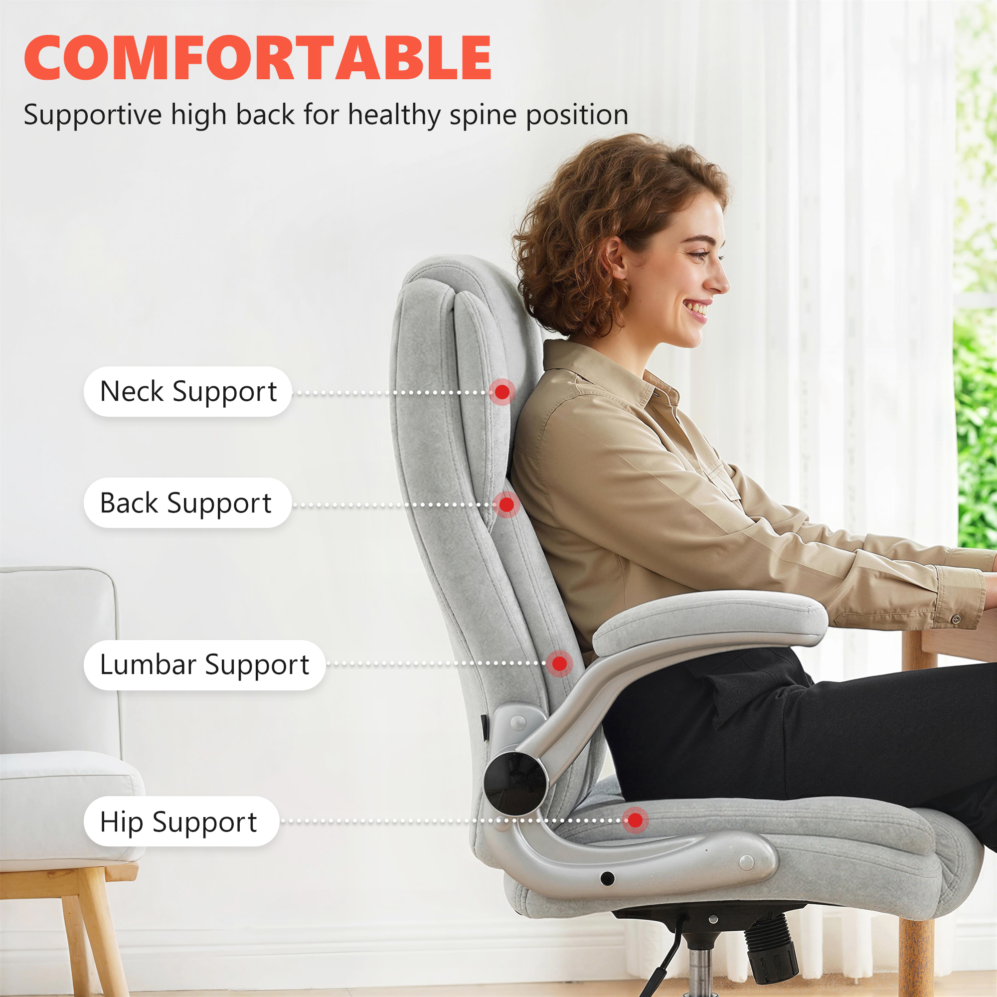 Scaun Ergonomic , Spatar inalt, Tapitat in Catifea Imprimata, Cotiere Rabatabile, Alb Crem [3]