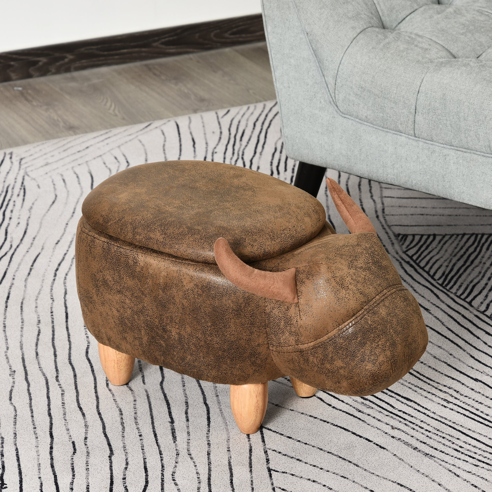  Pouf Cutie Suport pentru picioare in Forma de Bivol Capitonat 62x35x36cm Maro [1]