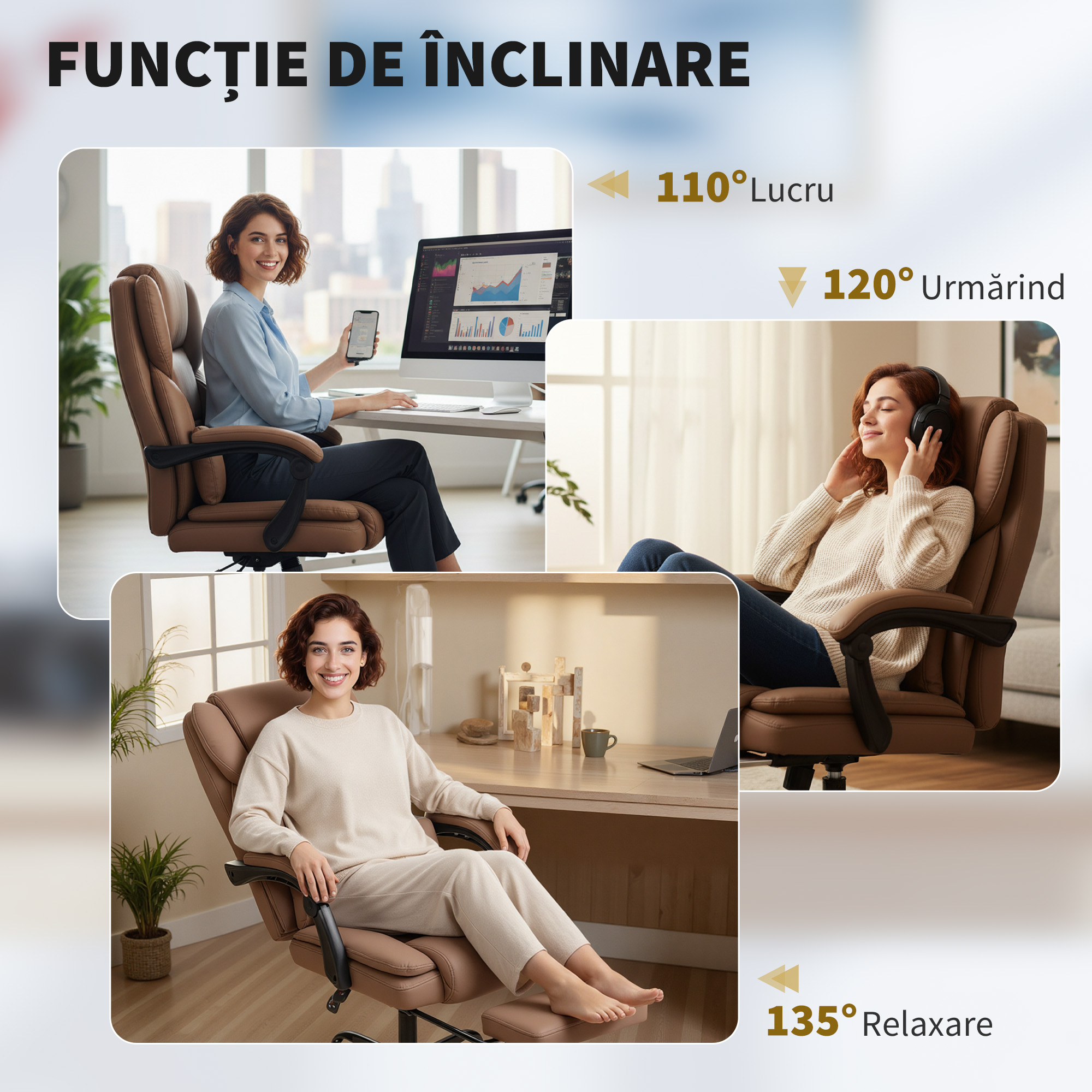  Scaun de Birou Ergonomic Reclinabil 140° cu Suport pentru Picioare si Perna, Scaun de Birou din Piele Ecologica Rezistenta, Usor de Curatat, Cotiere Captusite, Rotativ si Reglabil pe inaltime, Maro [6]