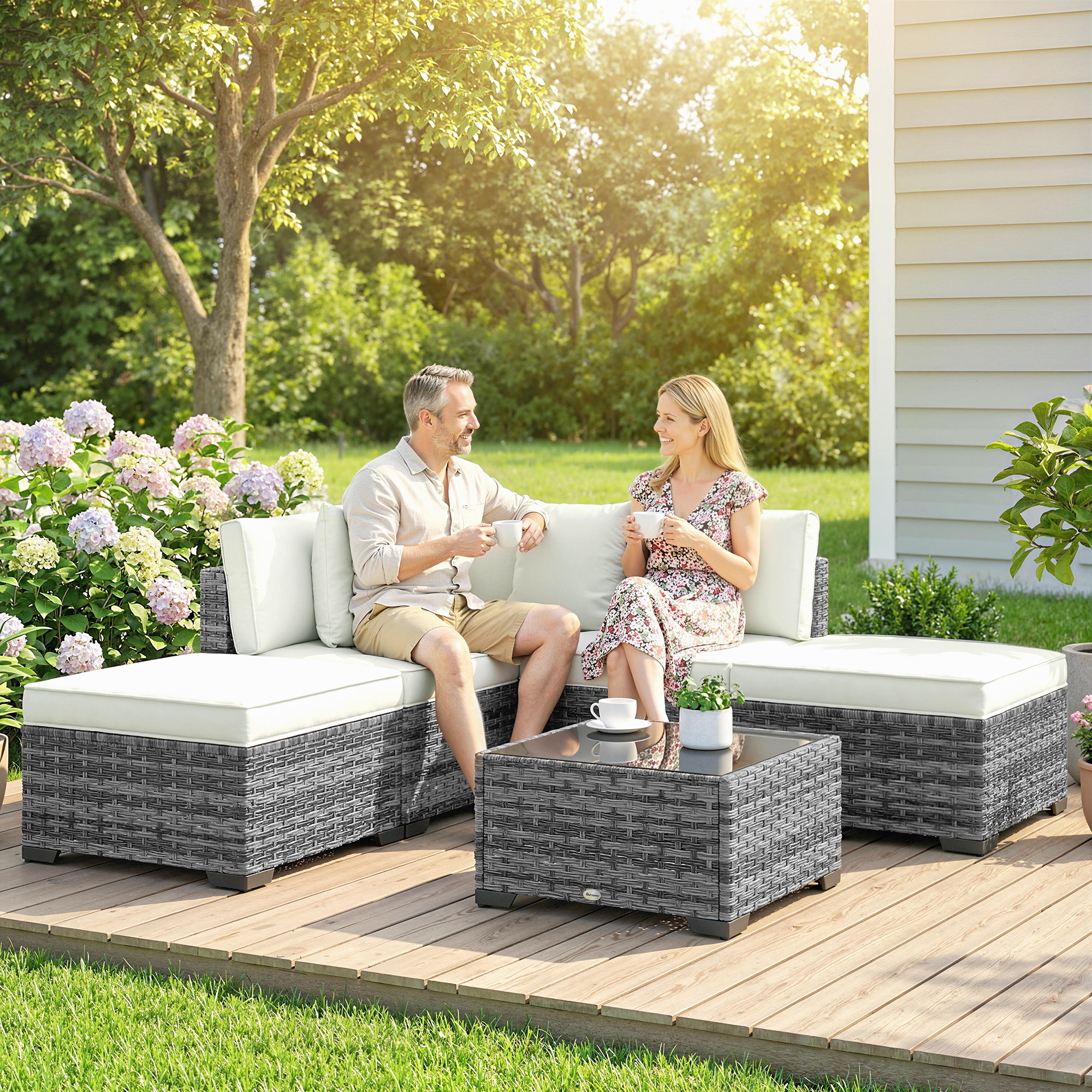  Set Mobilier de Gradina din Ratan, 6 Piese, Fotoliu Coltar, Canapele fara Brate, Suporturi pentru Picioare si Masuta, Gri Amestecat [1]