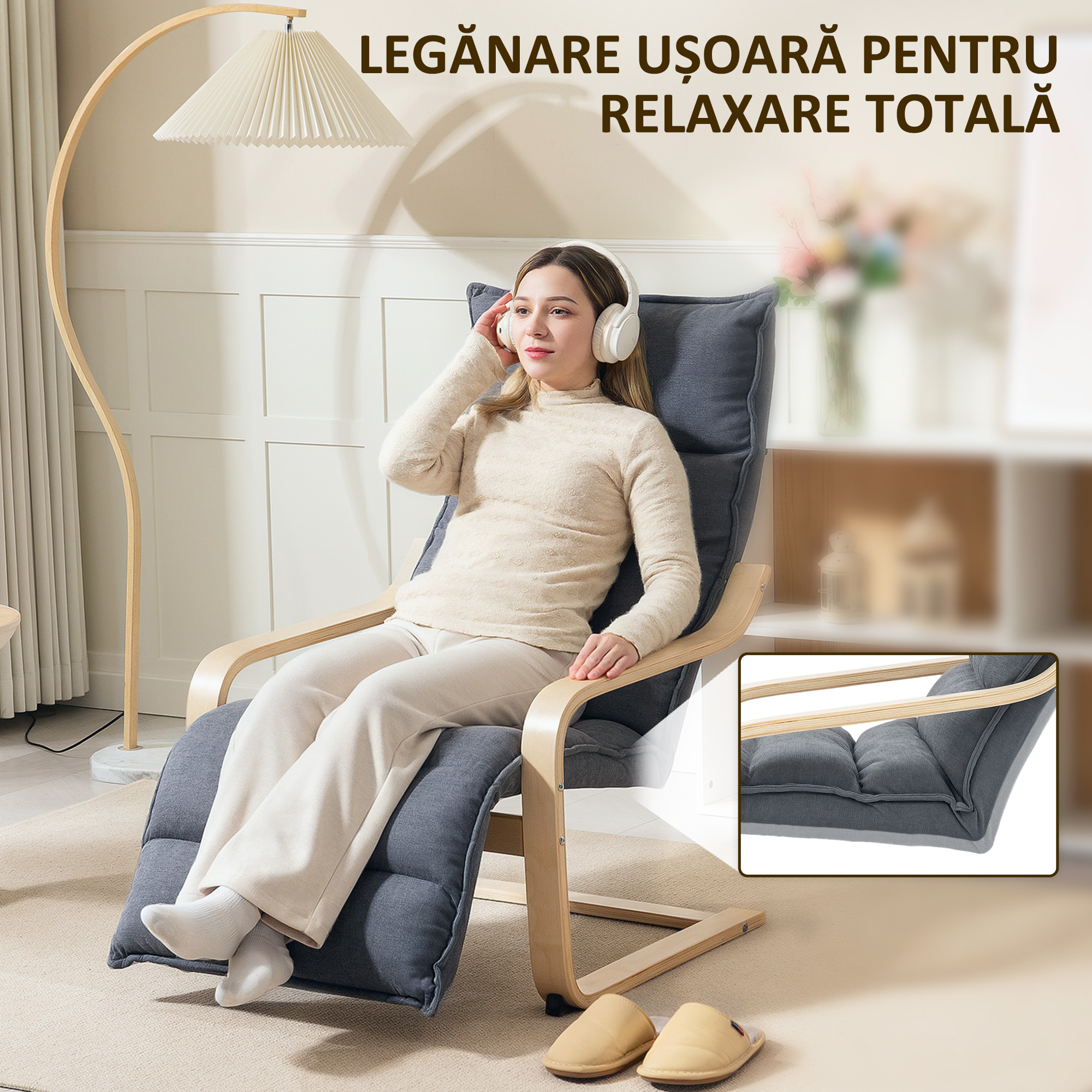  Fotoliu Relaxant din Lemn cu Tapiserie din Catifea si Suport pentru Picioare Reglabil, Gri inchis [5]