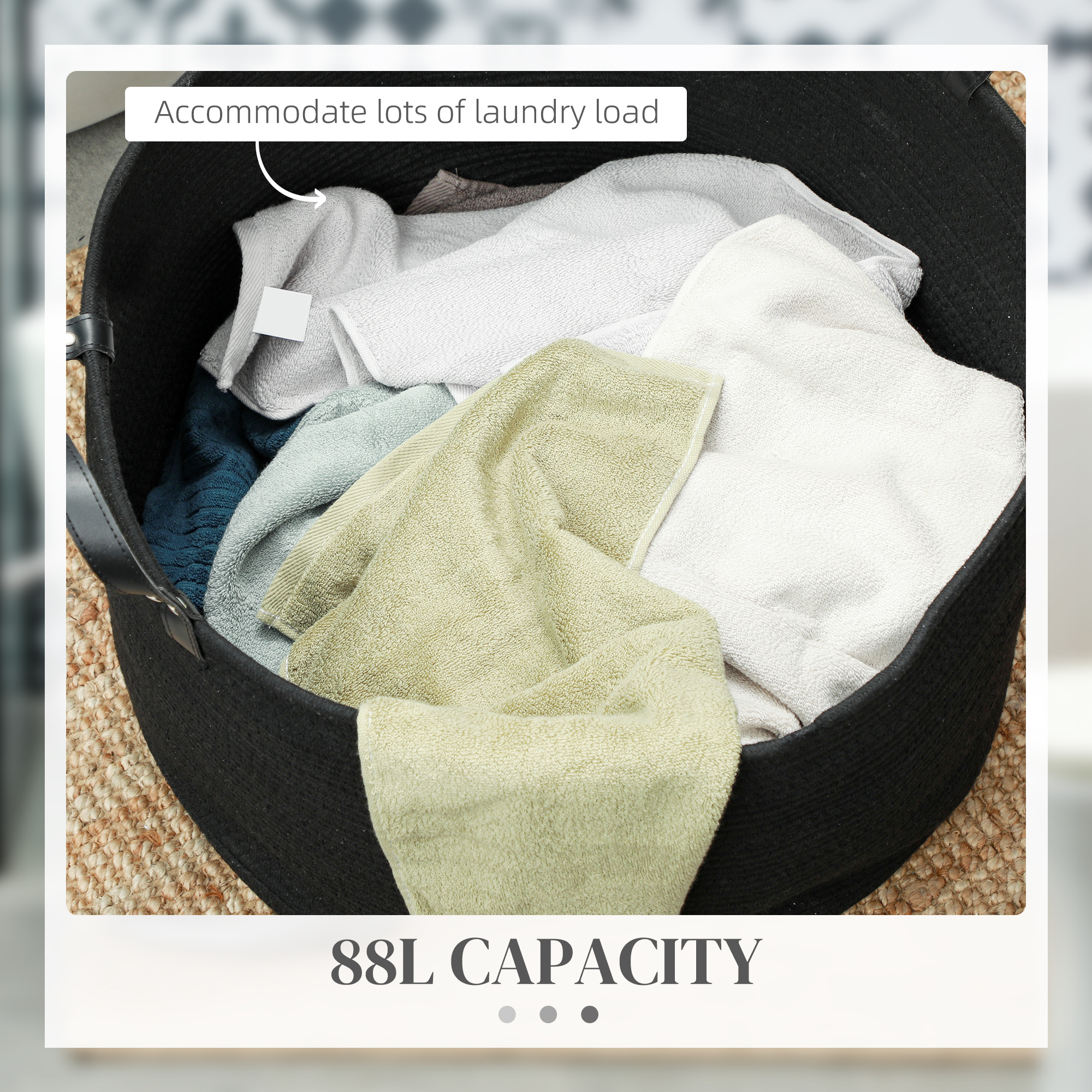  Cos pentru rufe de 88L portabil si pliabil cu manere din bumbac natural, Ø56x35.5 cm, negru [4]