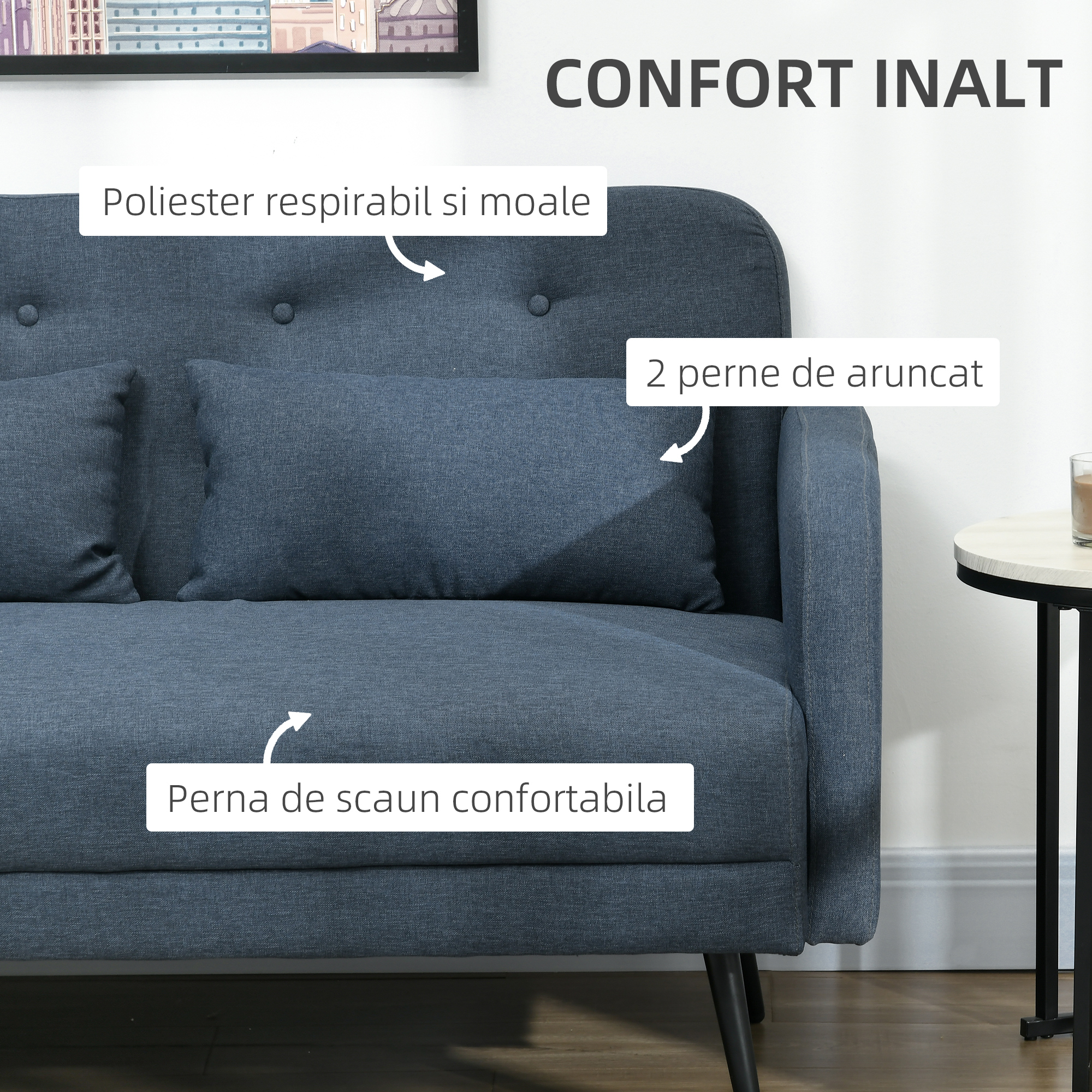  Canapea de 135cm pentru Dormitor, Mobilier Modern pentru Canapele cu Plus, Canapea Capitonata cu 2 Locuri cu Perne Decorative, Cadru din Lemn Masiv, Albastru Inchis [4]