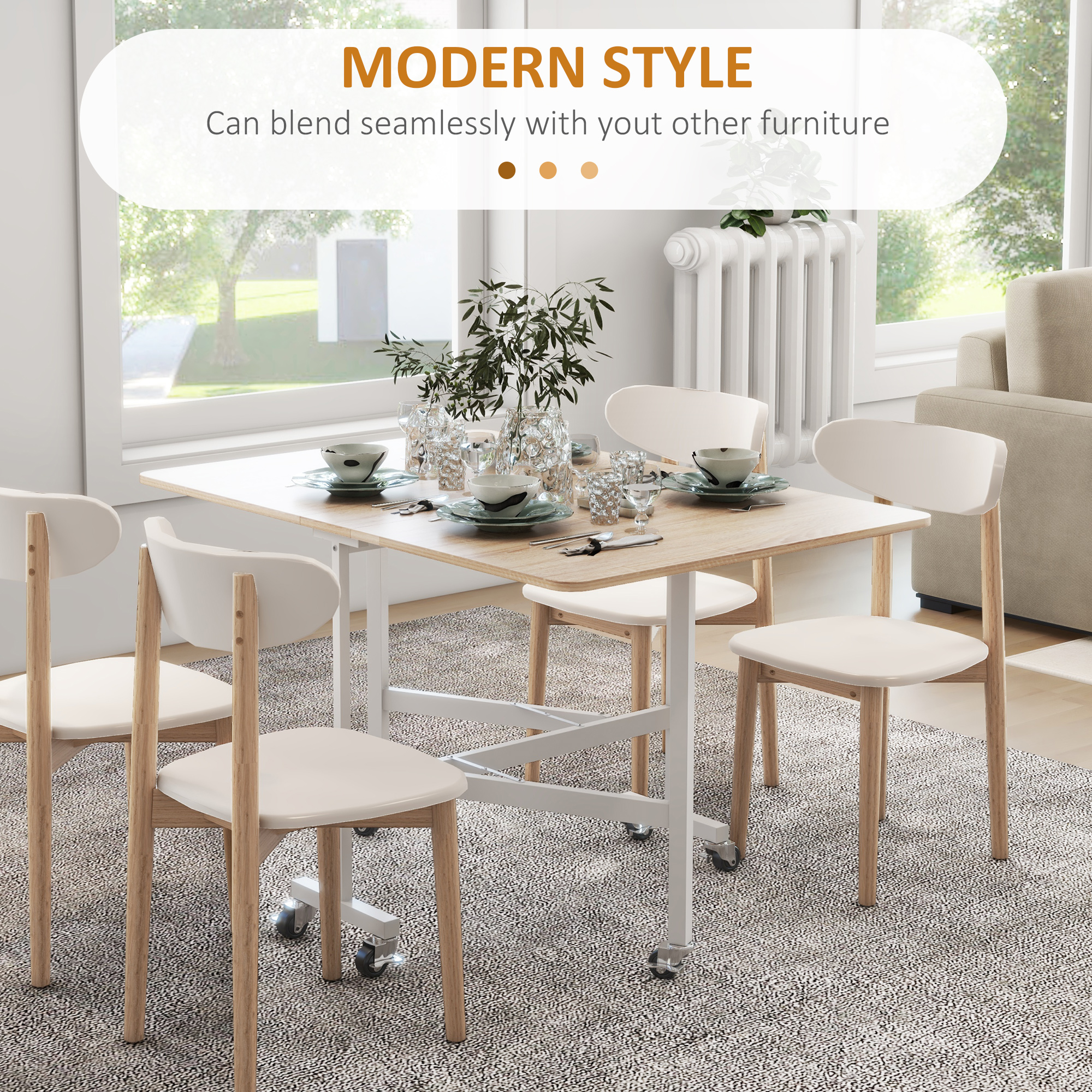  Masa Moderna Pliabila cu 2 Extensii si Roti, din PAL si Otel, 120x80x73cm, Maro [8]