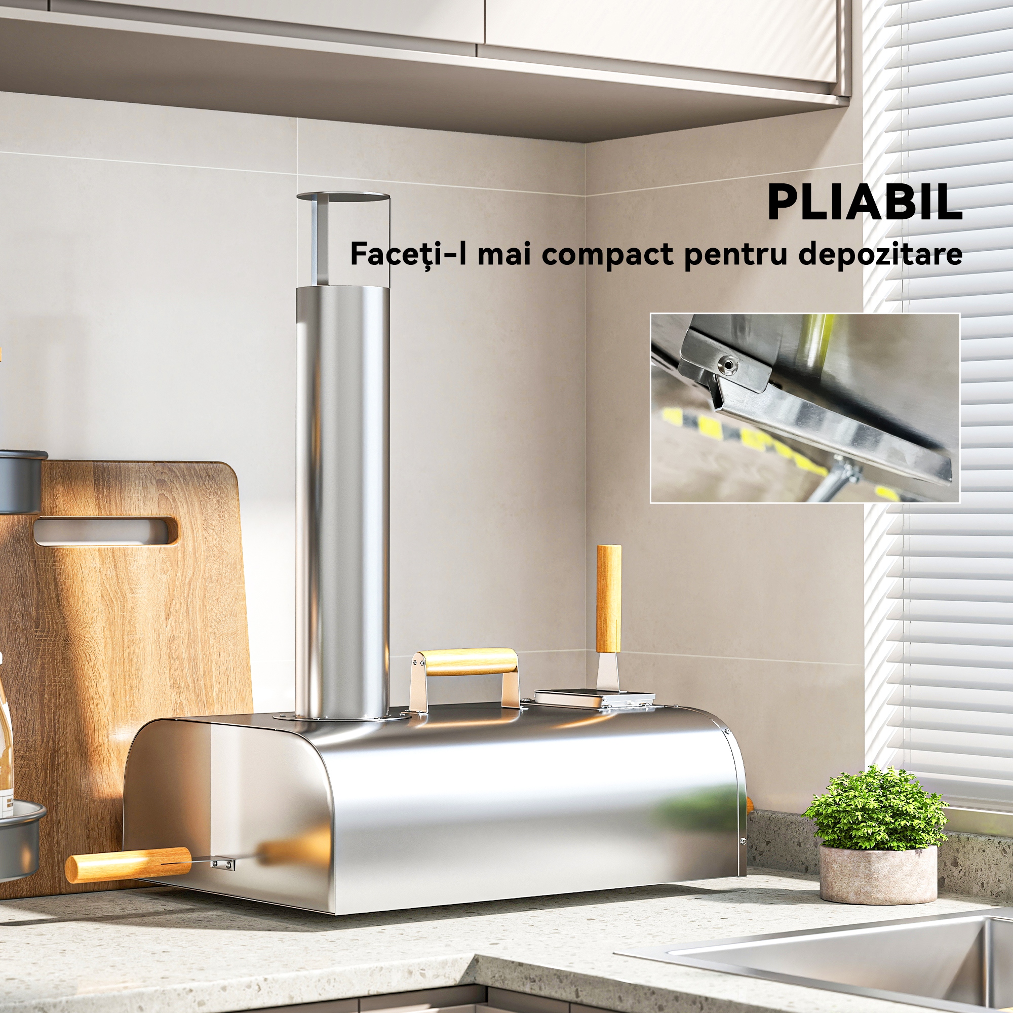  Cuptor pentru Pizza pe Pelete de Lemn cu Piatra Refractara si Lopata, din Otel Inoxidabil, 79x36x75 cm, Argintiu [5]