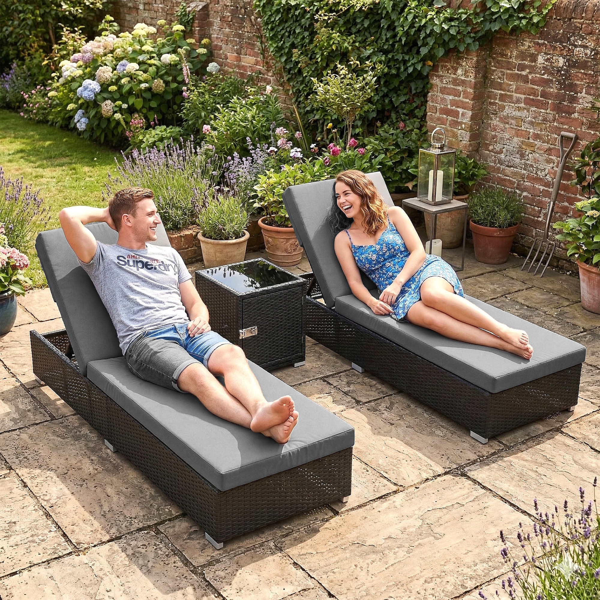  Set 2 sezlonguri de Gradina din Ratan cu Masuta Laterala si Spatar Reglabil, 184x60x22 cm, Gri inchis [8]