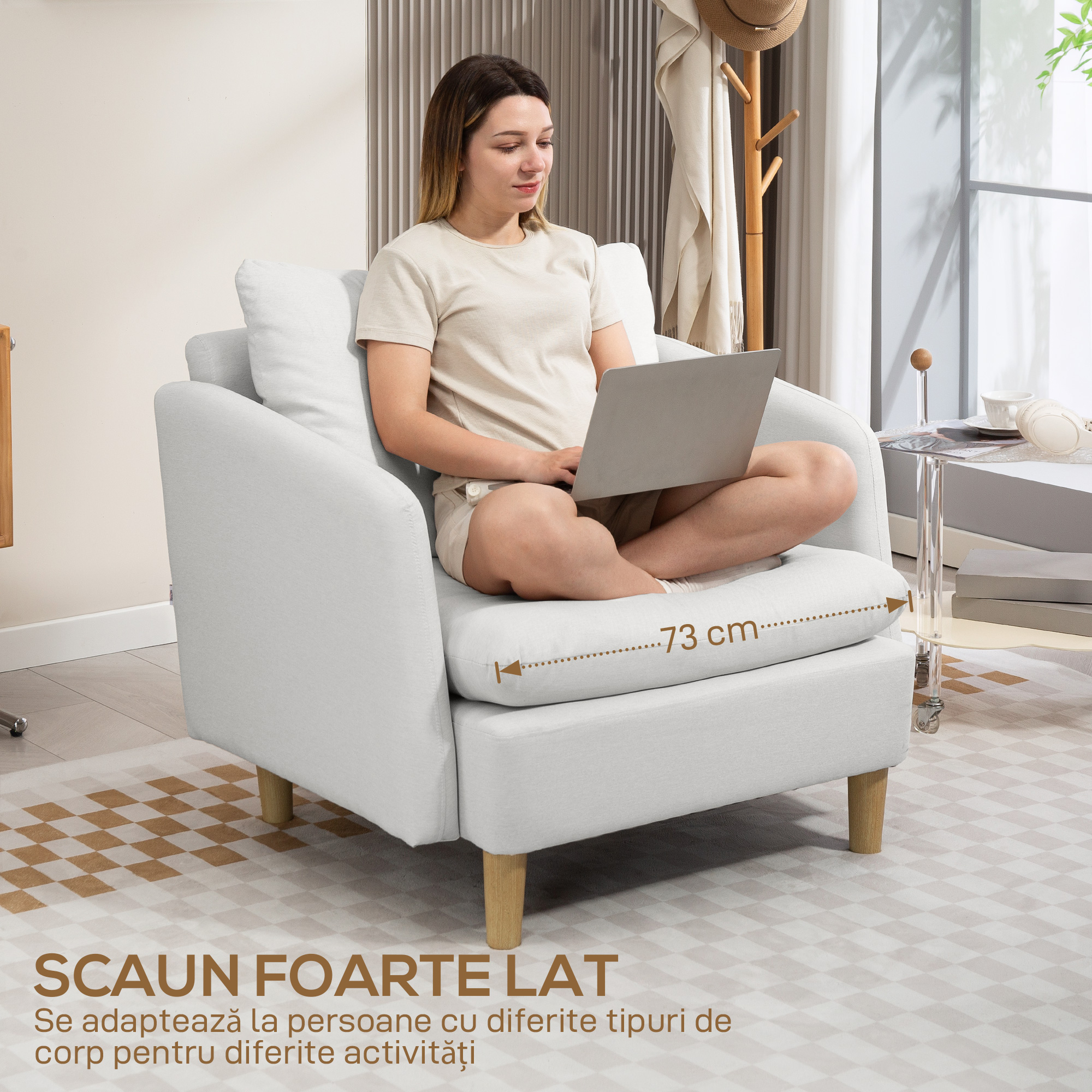  Fotoliu Modern pentru Living din tesatura cu sezut Larg si Gros, Crem [3]