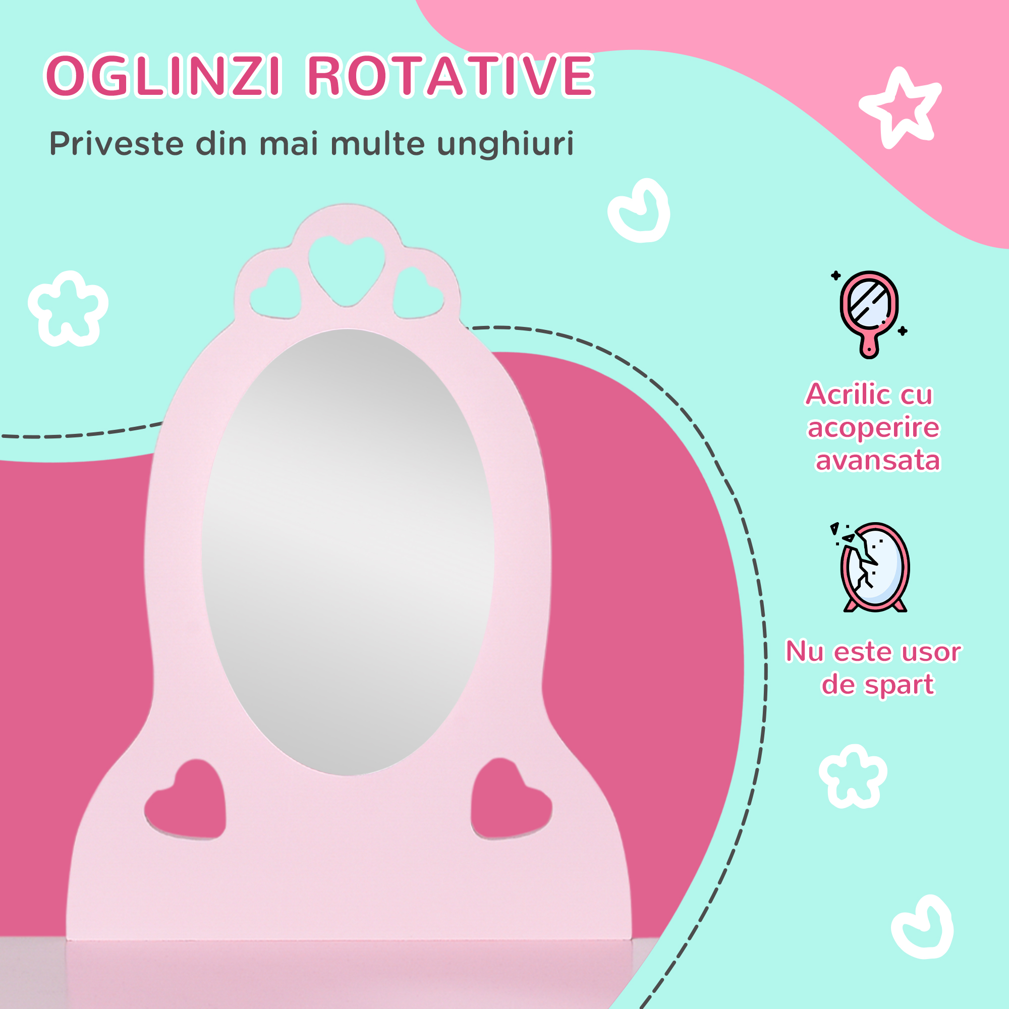  Masa Machiaj Copii - Cu Oglinda, Sertar & Scaun Asortat [5]