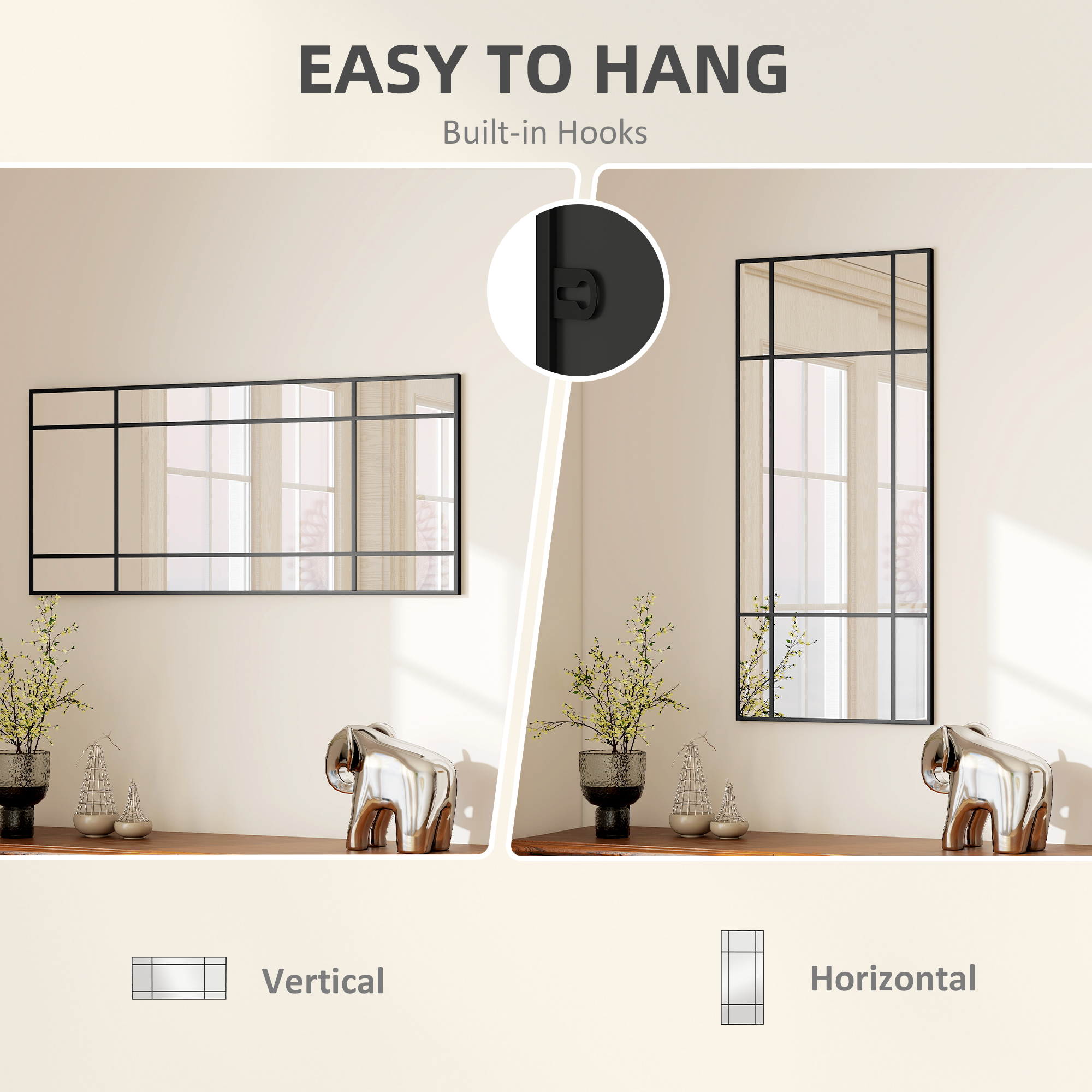  Oglinda de Perete Stil Fereastra cu Montaj Vertical si Orizontal, 110x50cm, Negru [4]