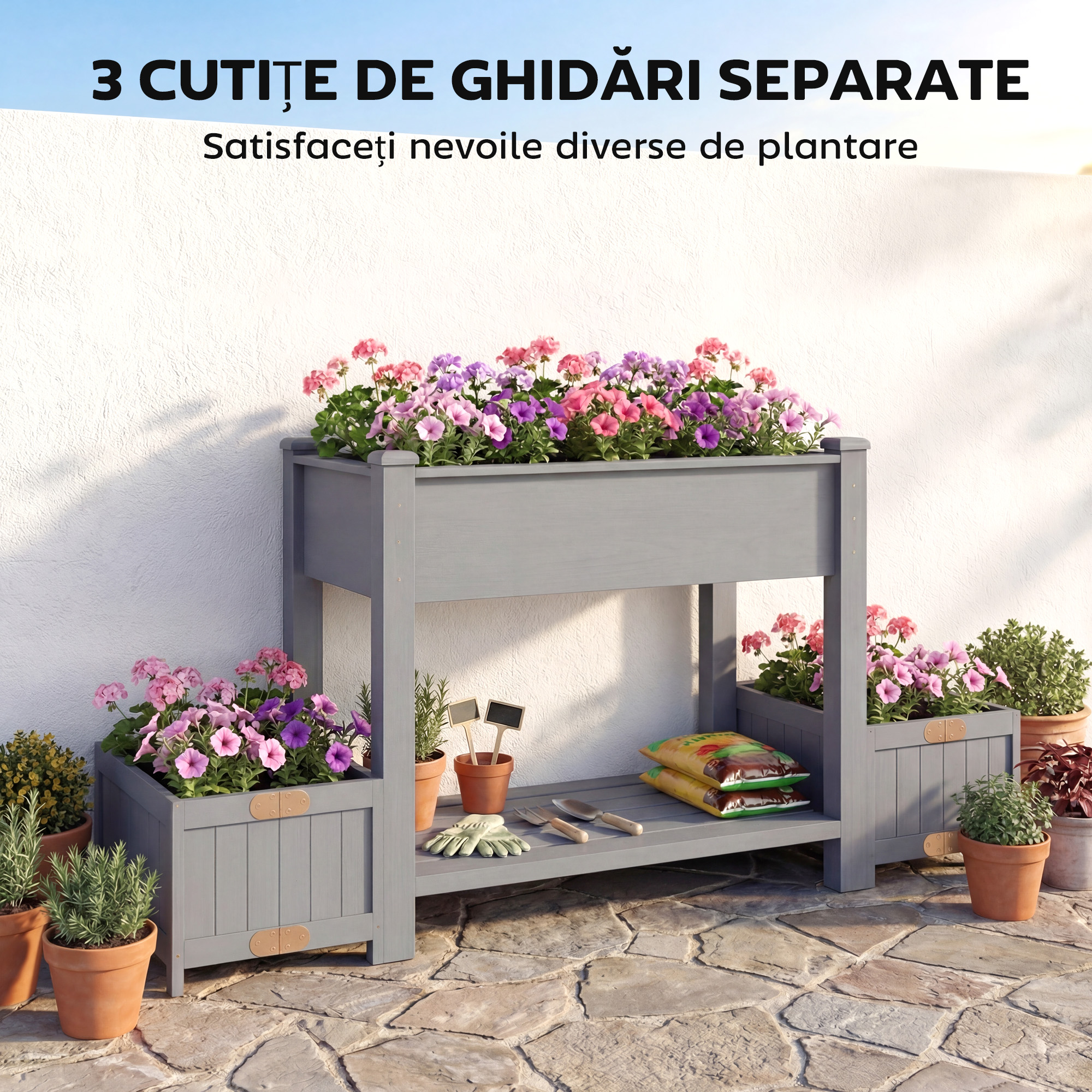  Jardiniera Ridicata cu 2 Ghivece Laterale si Raft pentru Unelte, din Lemn de Brad, 149x46x76 cm, Gri [3]