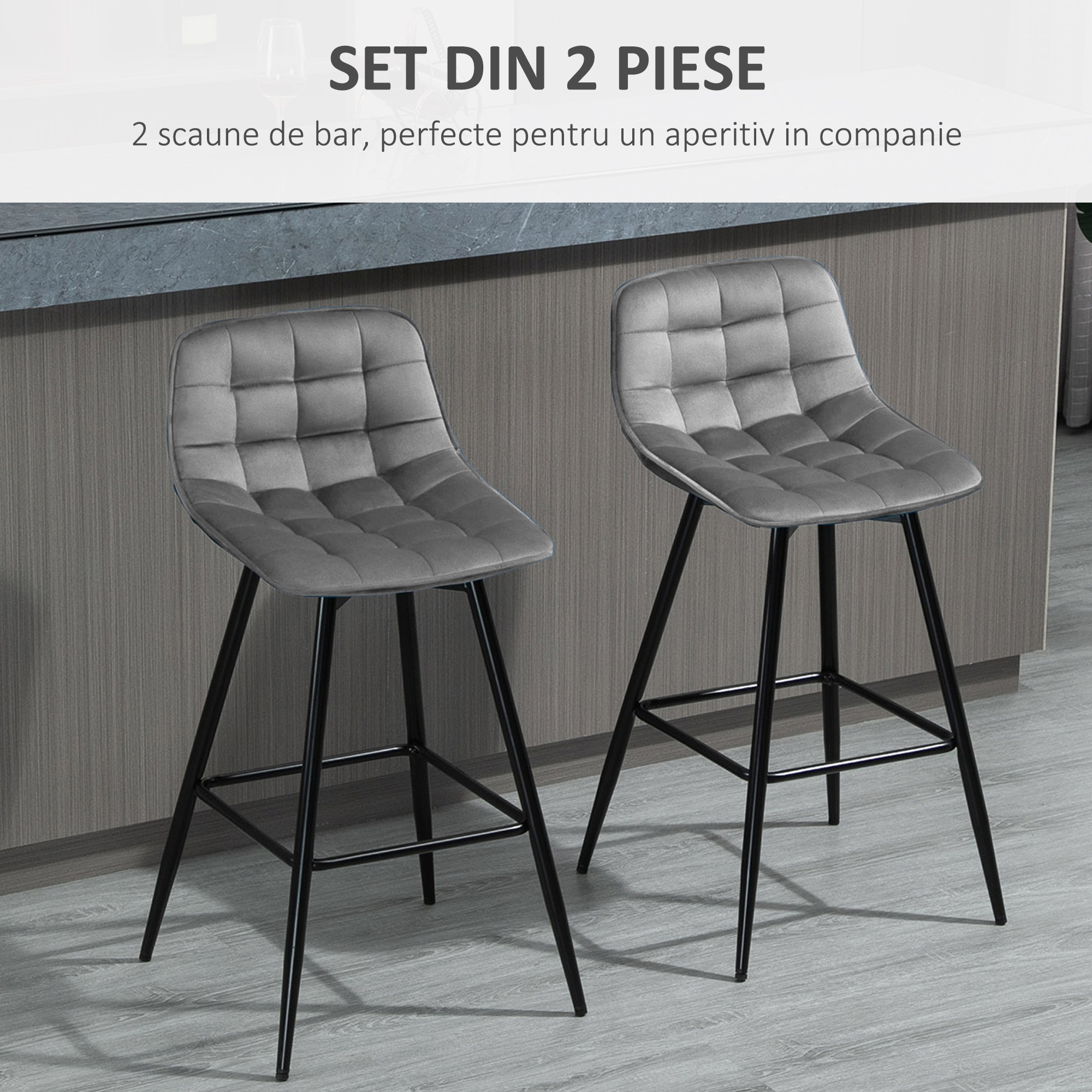  Set 2 Scaune inalte in Stil Nordic cu Spatar si Suport pentru Picioare, 45x47x88 cm, Gri [3]