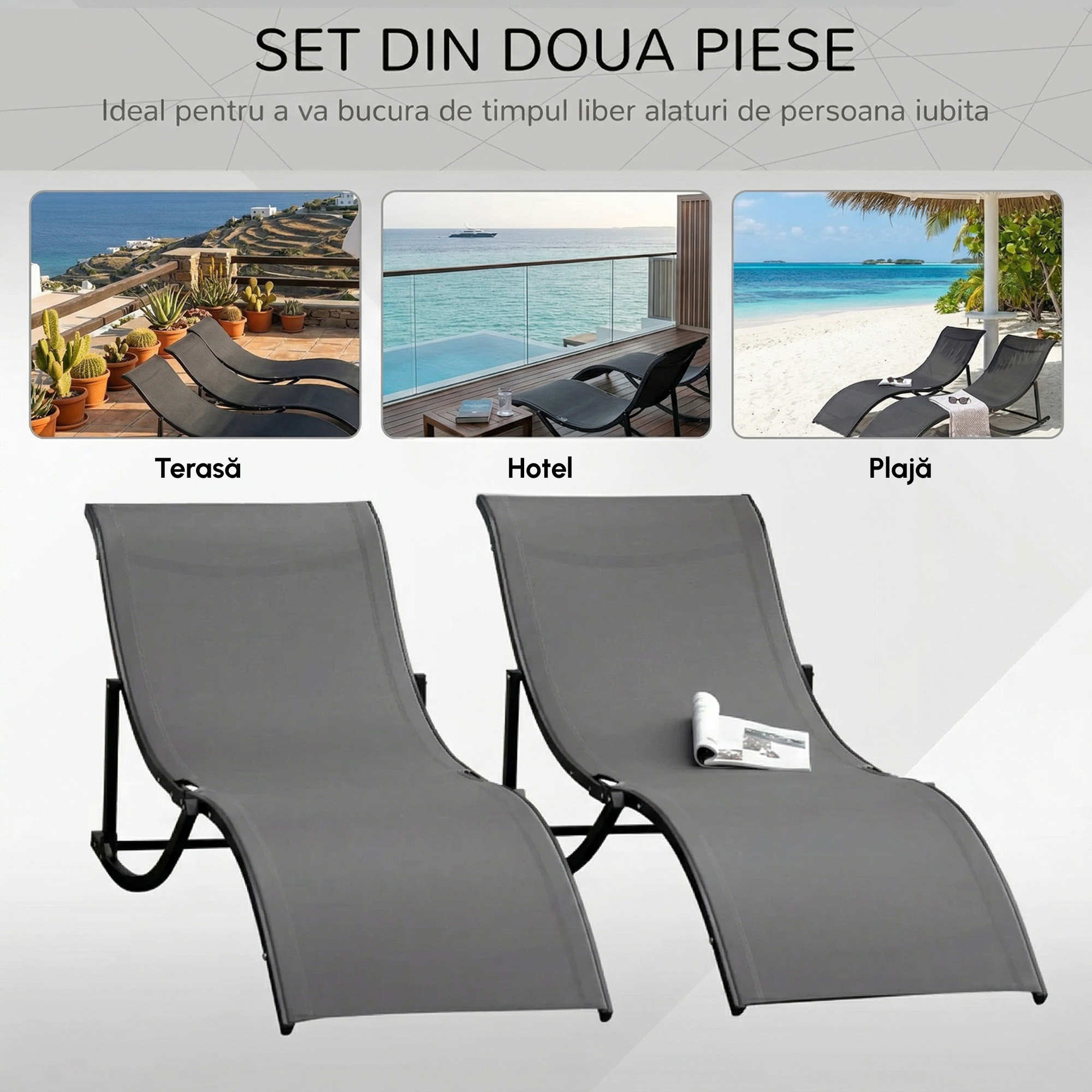  Set 2 sezlonguri de Gradina Pliabile, sezlong pentru Plaja din Aluminiu si Textilen, 61x165x63 cm [6]