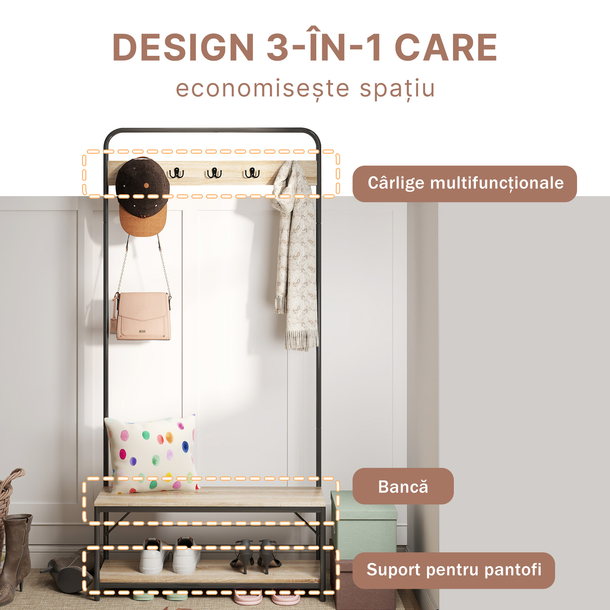  Cuier cu Banca si Suport Pantofi in Stil Industrial Mobil pentru Intrare [3]