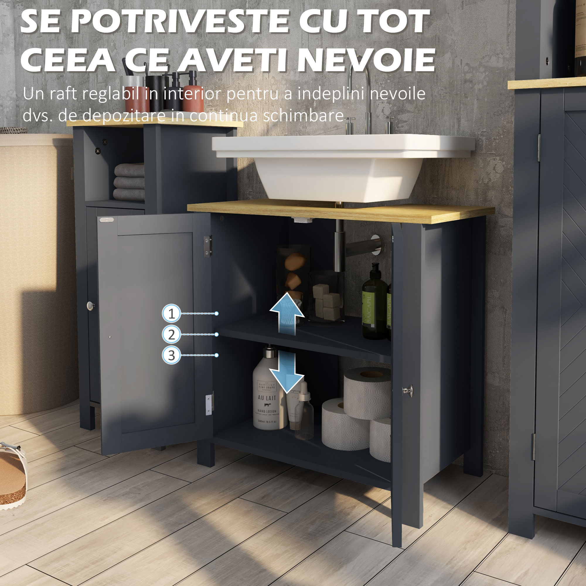  Dulap Sub Chiuveta din PAL si MDF cu 2 Usi si Raft Interior Reglabil, 60x30x60 cm, Gri [5]